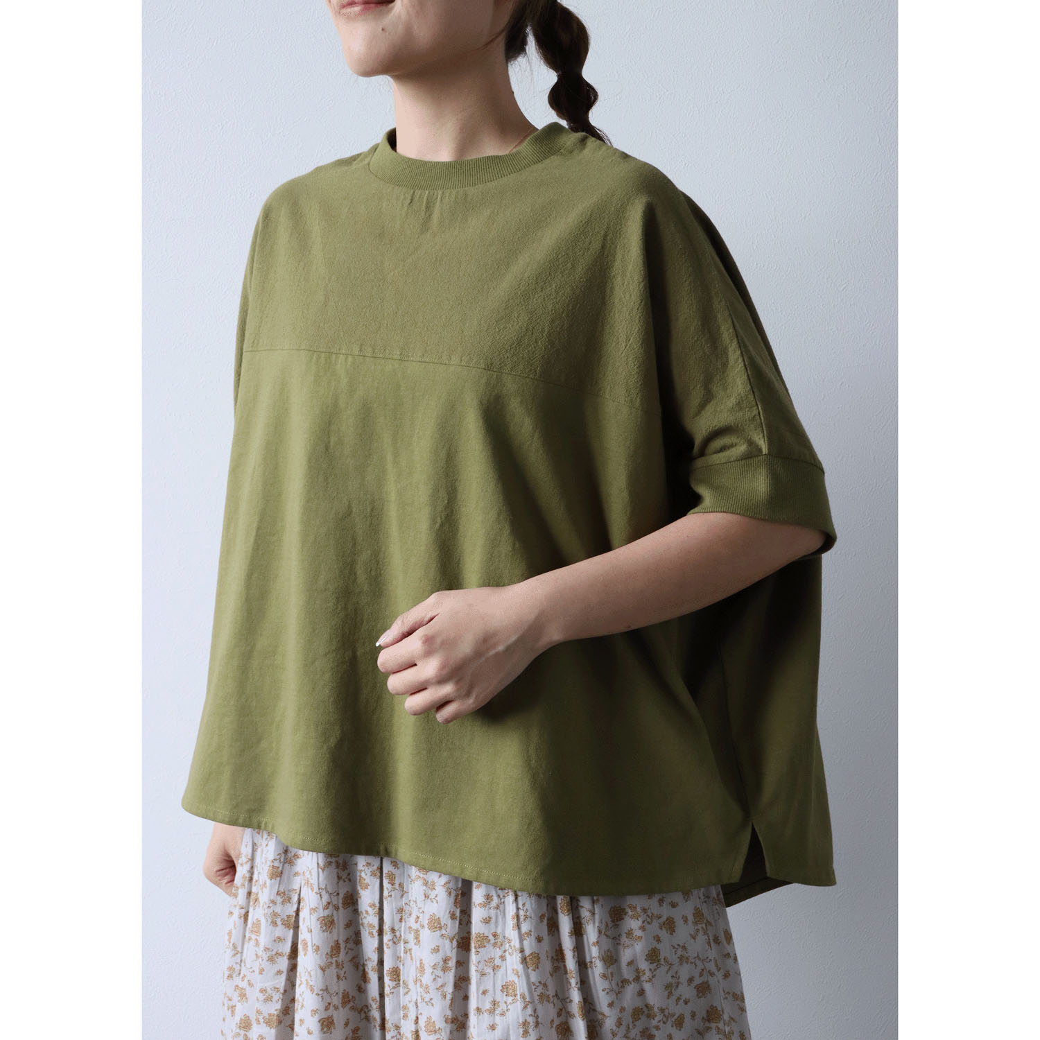 cloudnine UV加工 コットン天竺×綿麻布帛切替ドルマンハーフ袖カットソー - 画像9