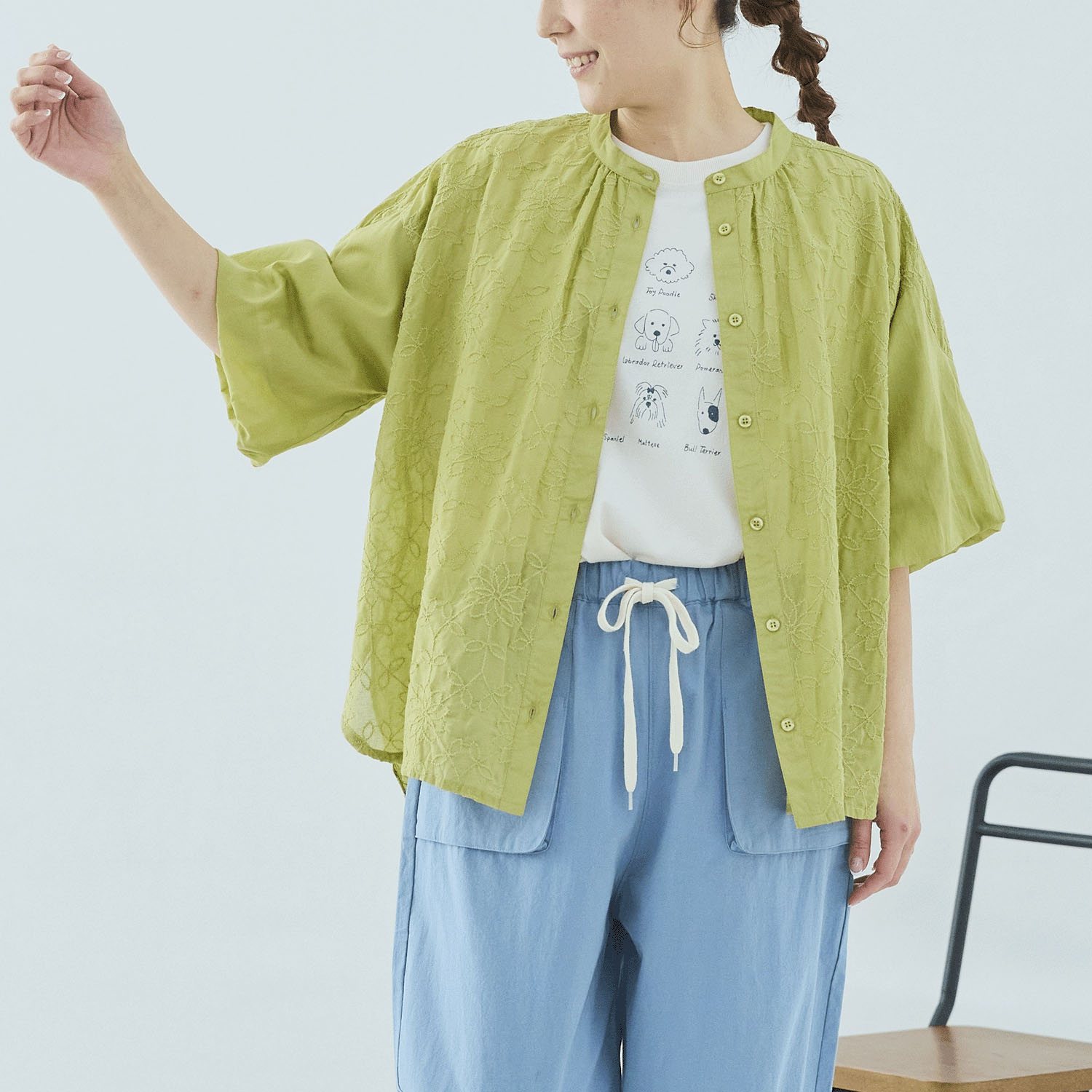 cloudnine 綿ボイルシフリー刺繍入り5分袖バルーン前あきブラウス - 画像1