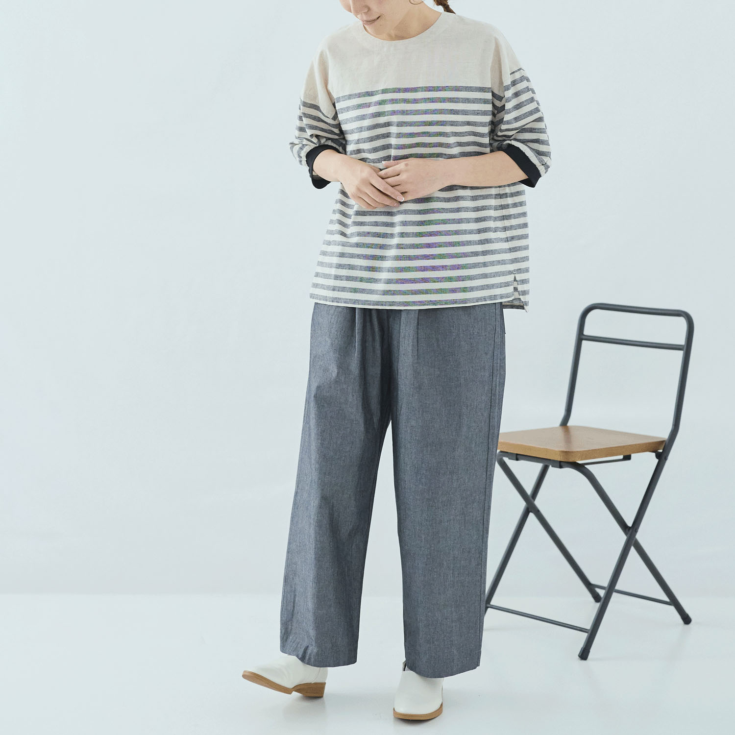 cloucnine 綿麻レーヨン パネルボーダー7分袖クルーネックブラウス - 画像2