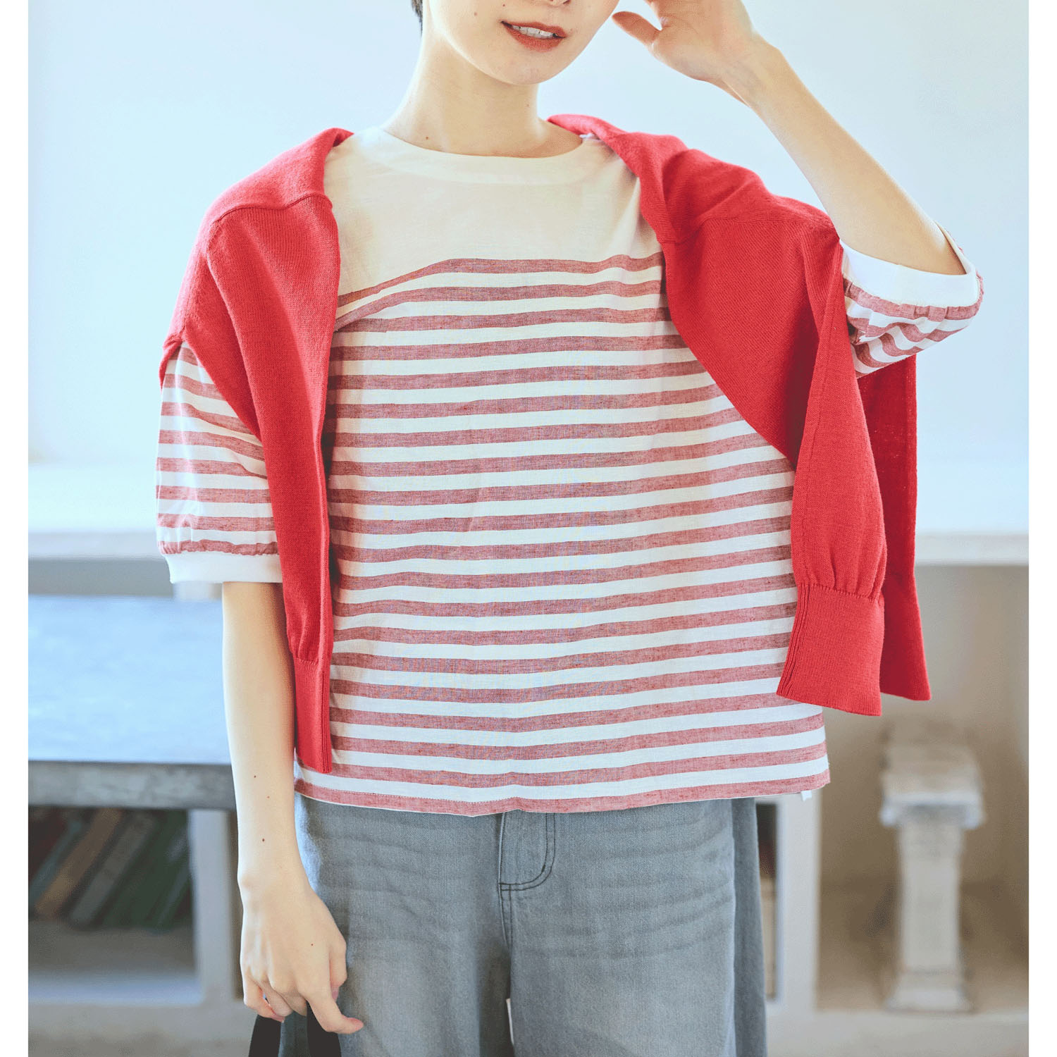 cloucnine 綿麻レーヨン パネルボーダー7分袖クルーネックブラウス