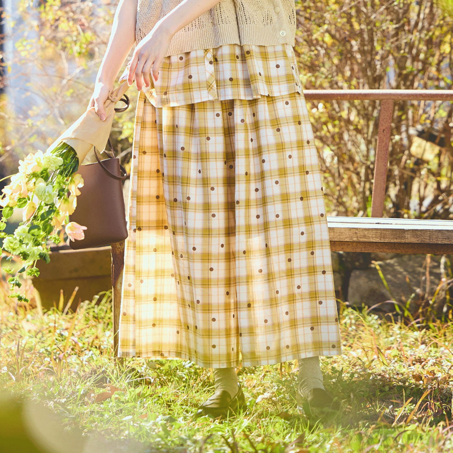 cloudnine ジャガードチェック×ドットpt9分丈 タック入りフレアパンツ - 画像5