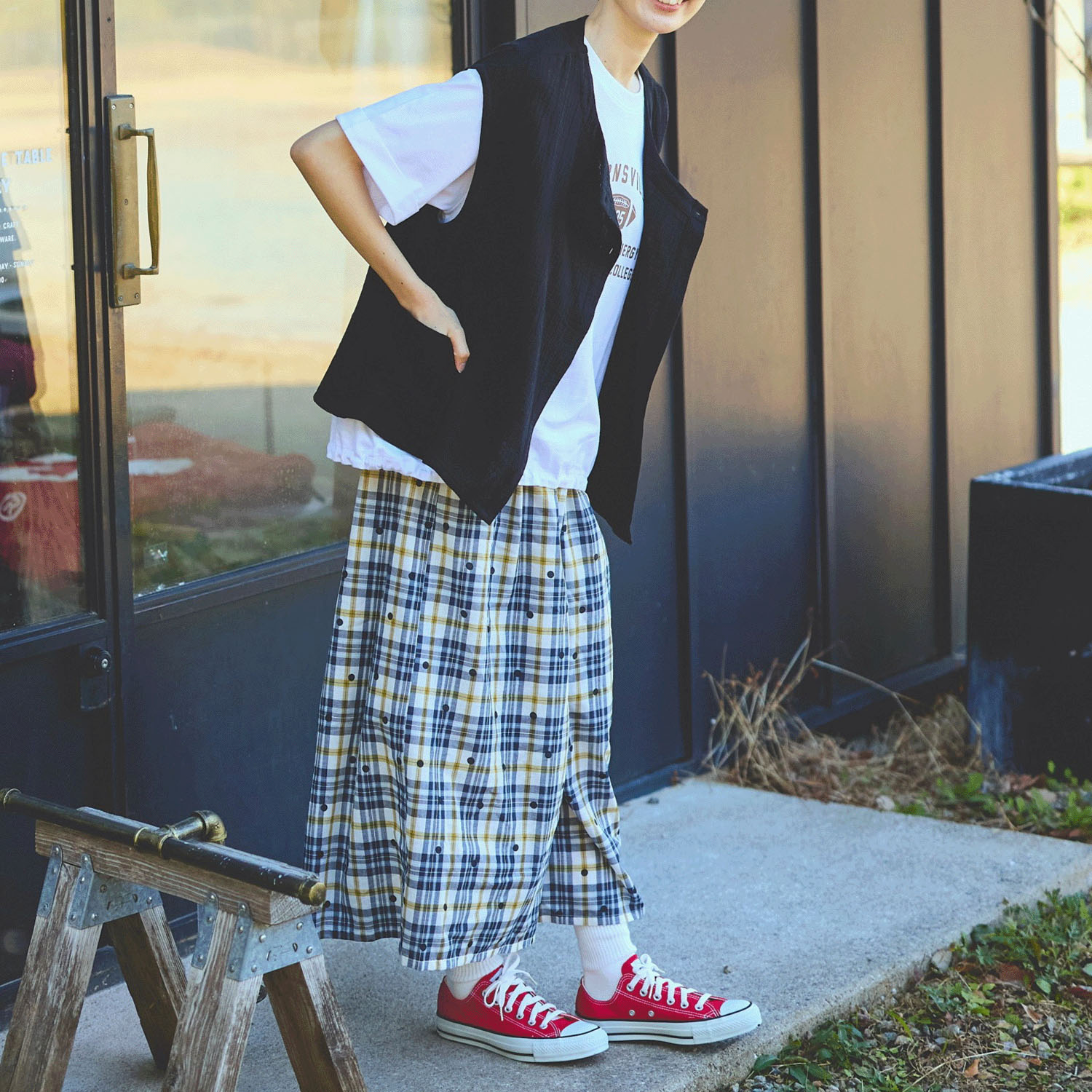 cloudnine ジャガードチェック×ドットpt9分丈 タック入りフレアパンツ - 画像9