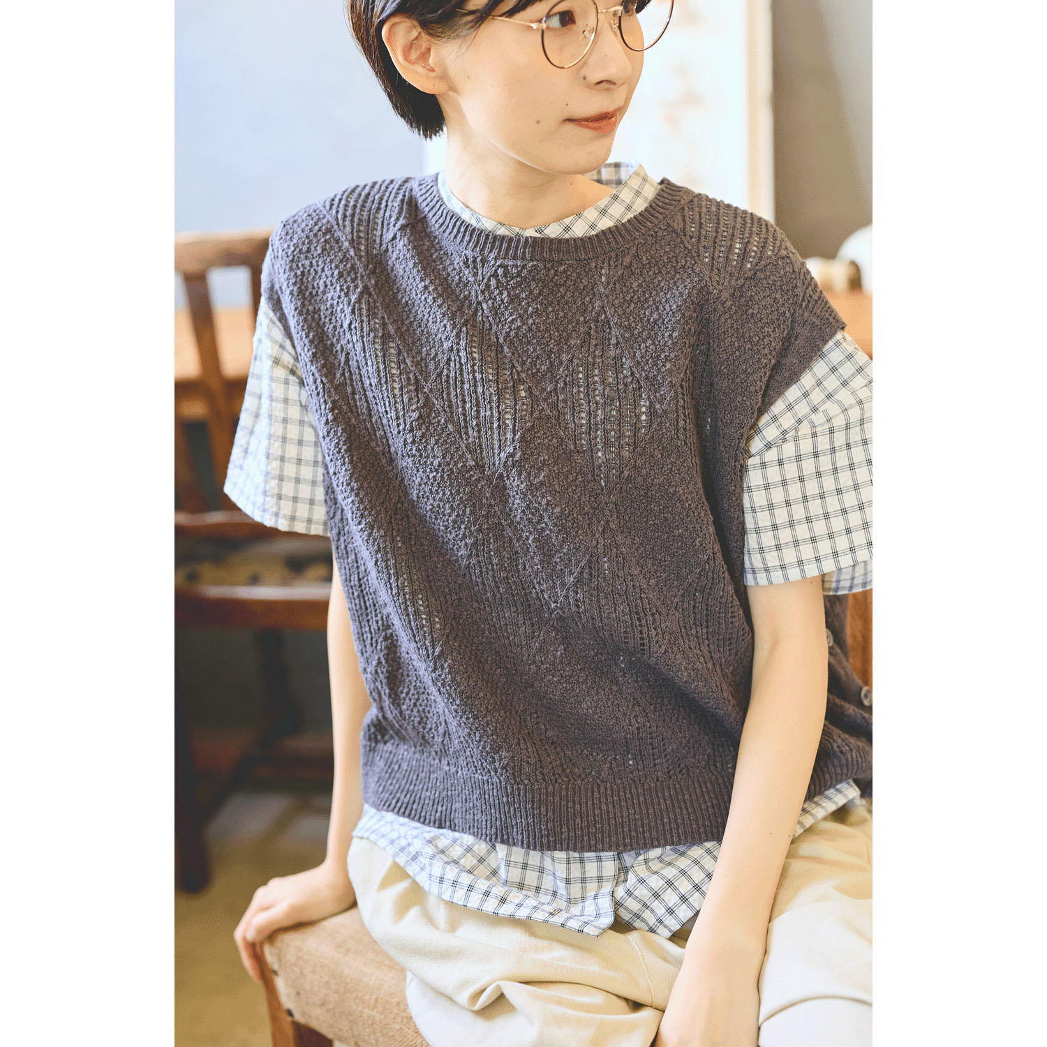 cloudnine コットンニットダイヤ柄ゆったりシルエットのニットベスト - 画像4