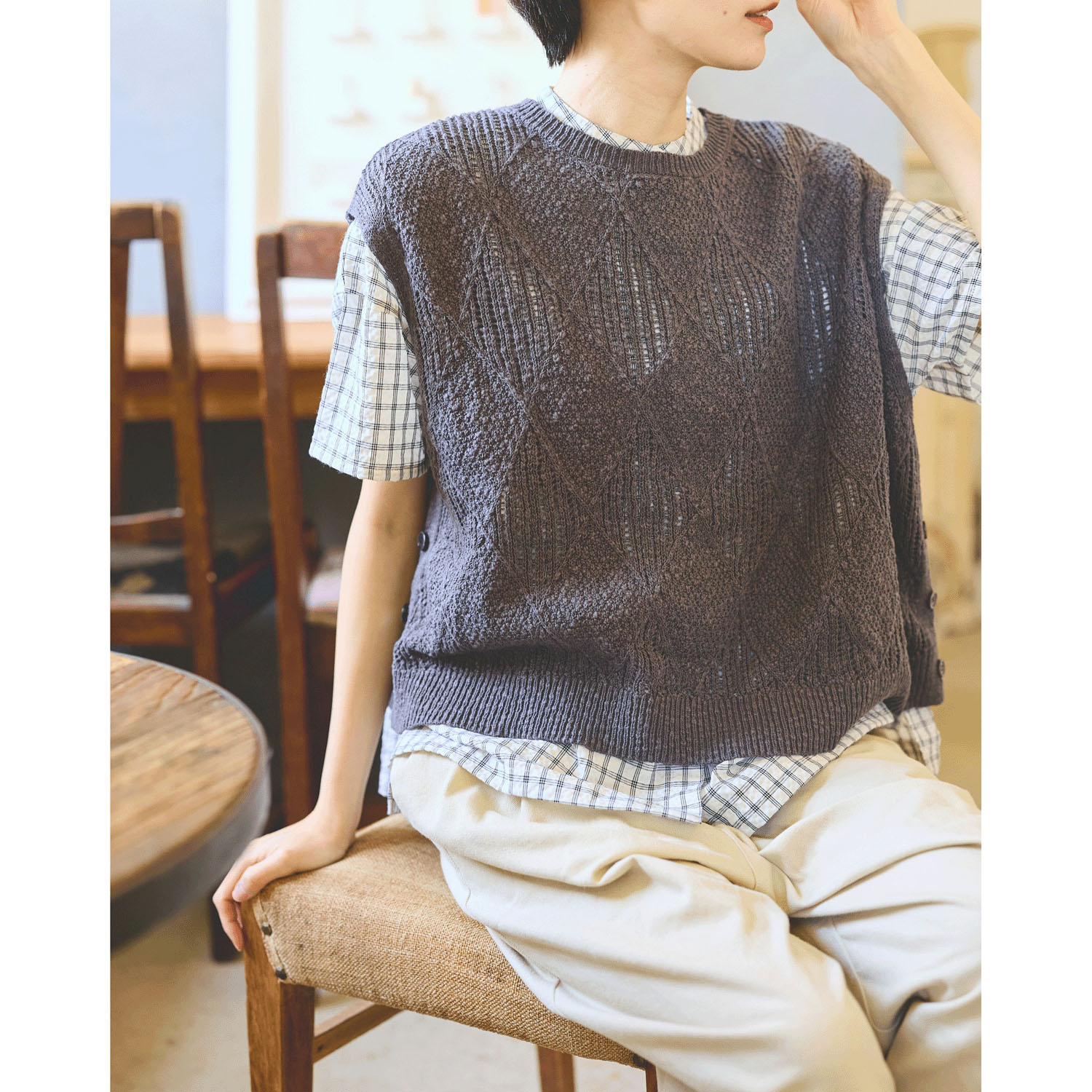 cloudnine コットンニットダイヤ柄ゆったりシルエットのニットベスト - 画像5