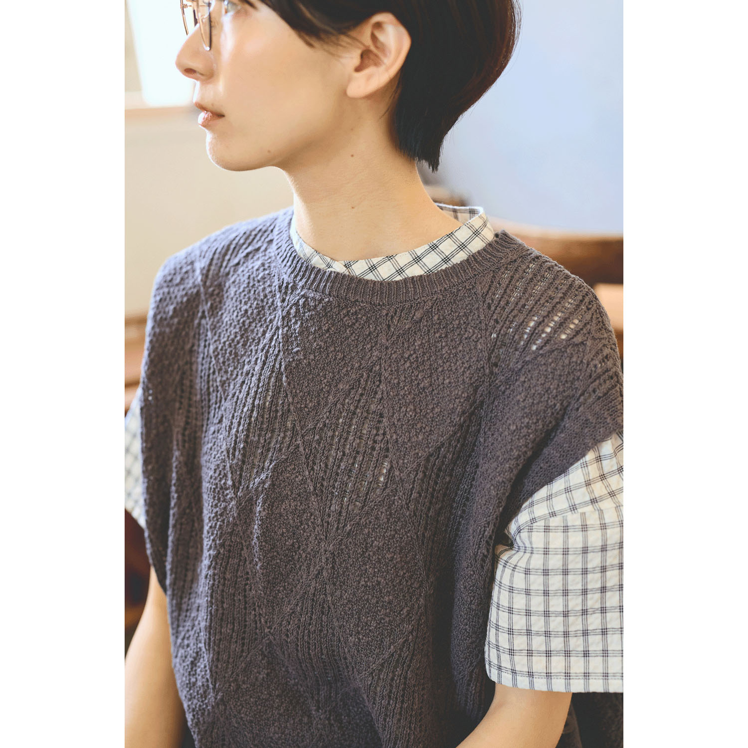 cloudnine コットンニットダイヤ柄ゆったりシルエットのニットベスト - 画像8