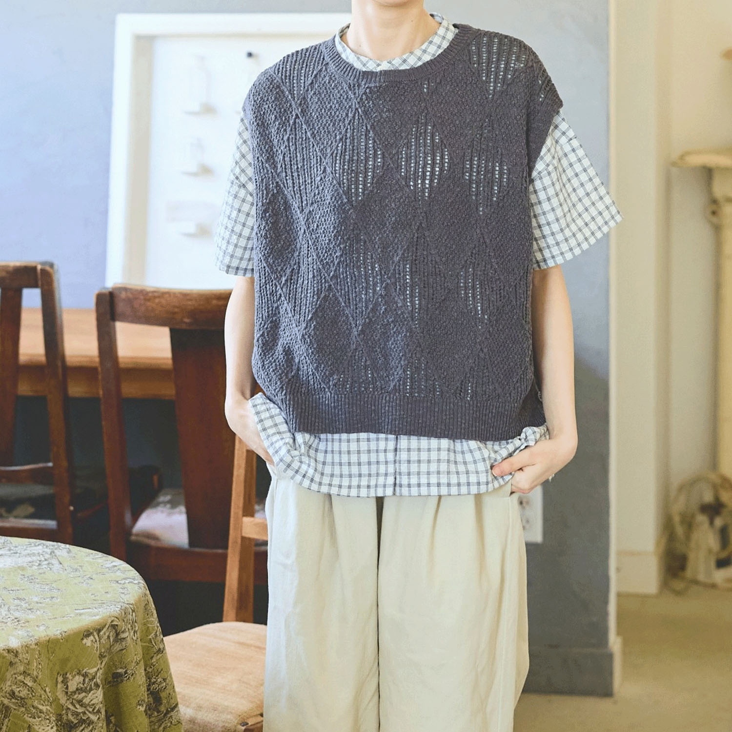 cloudnine コットンニットダイヤ柄ゆったりシルエットのニットベスト