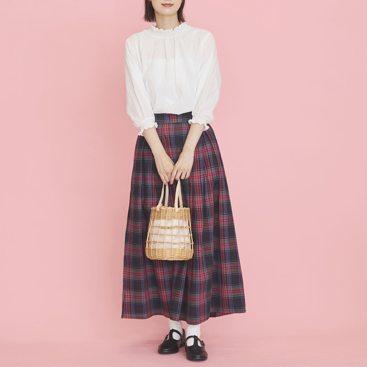 オーブ m．n マドラスチェックタック入りギャザースカート - 画像2