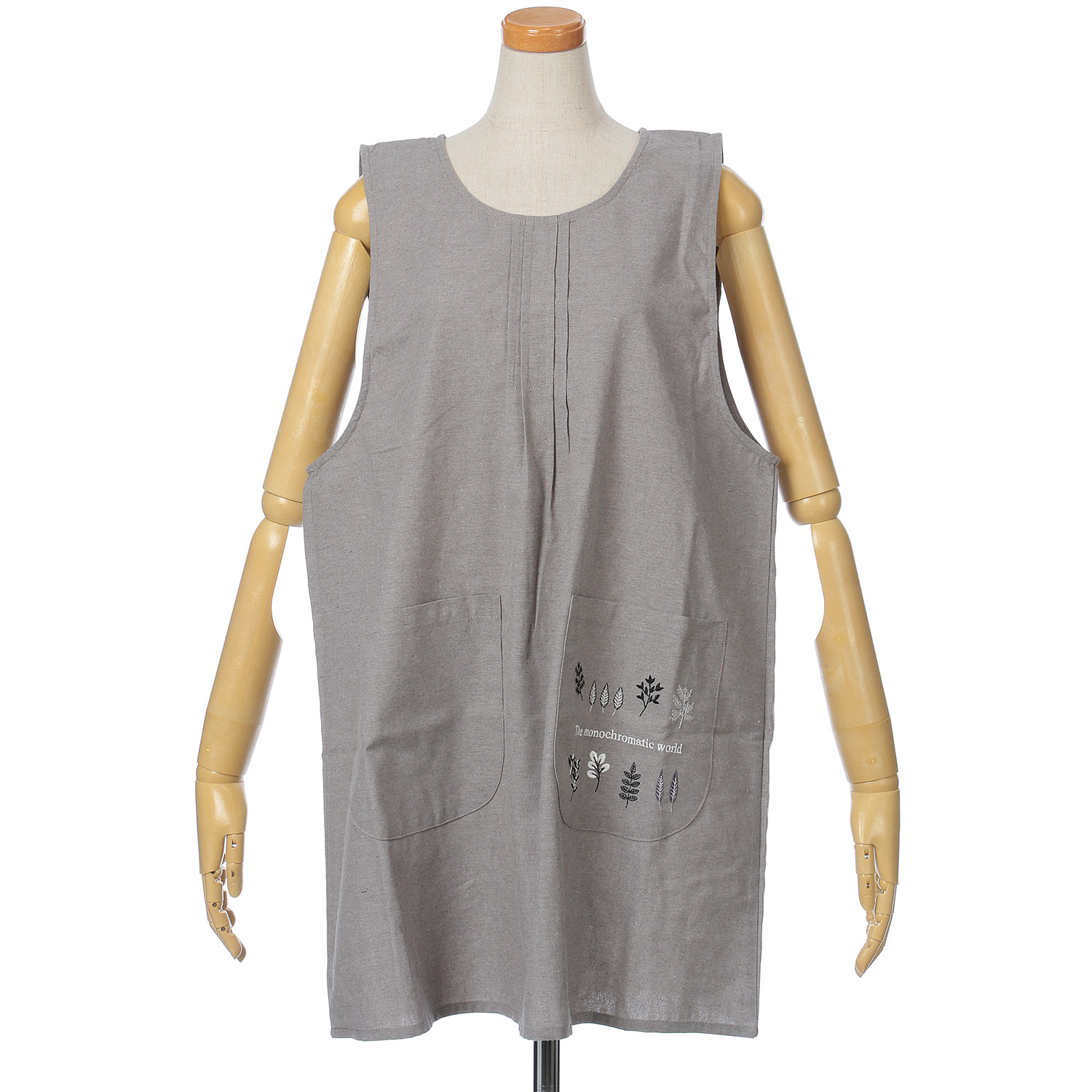 リーフ刺繍モノトーンかぶりエプロン