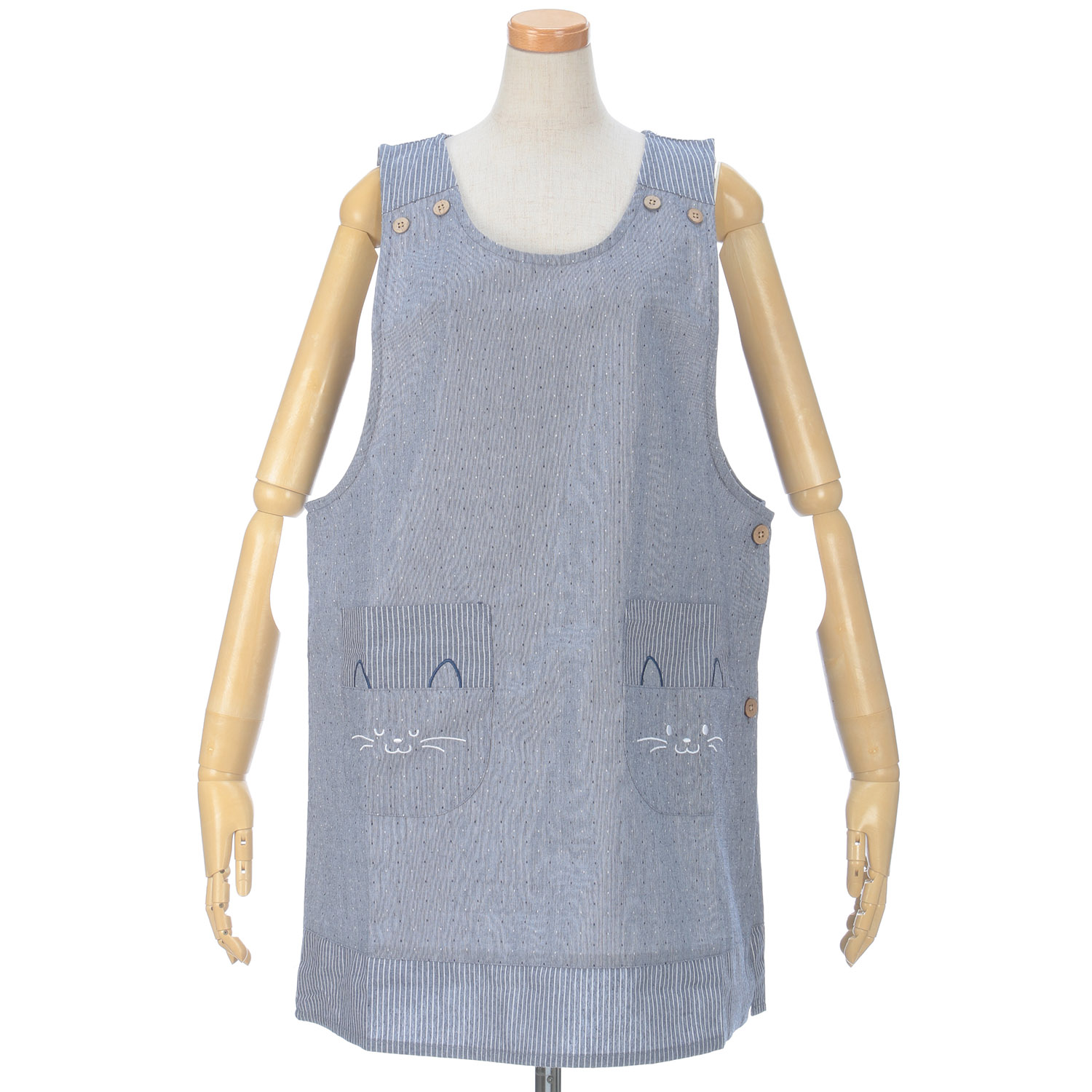 【大きいサイズ】猫ポケット 先染めドットドビーエプロン - 画像1