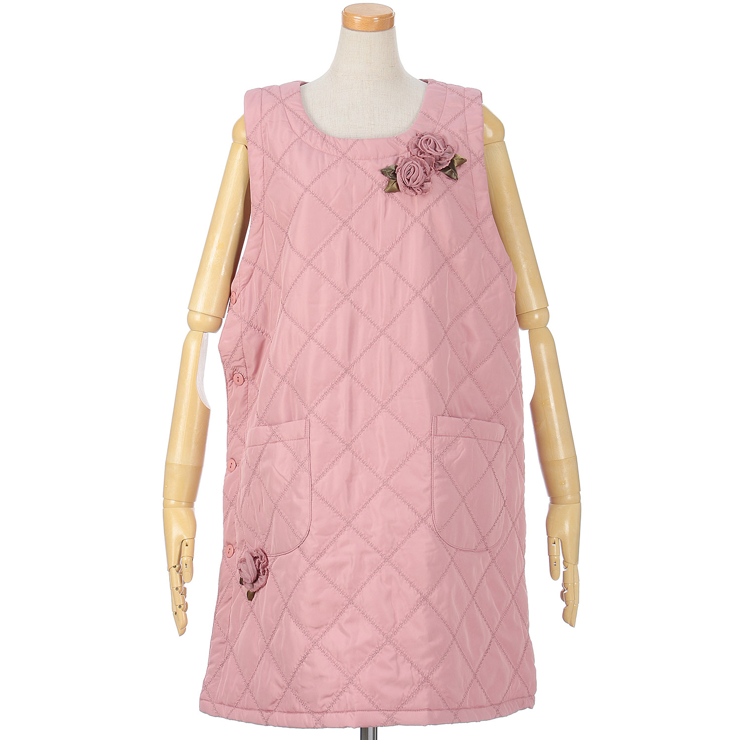 中綿キルト花モチーフ脇ボタンエプロン - 画像1