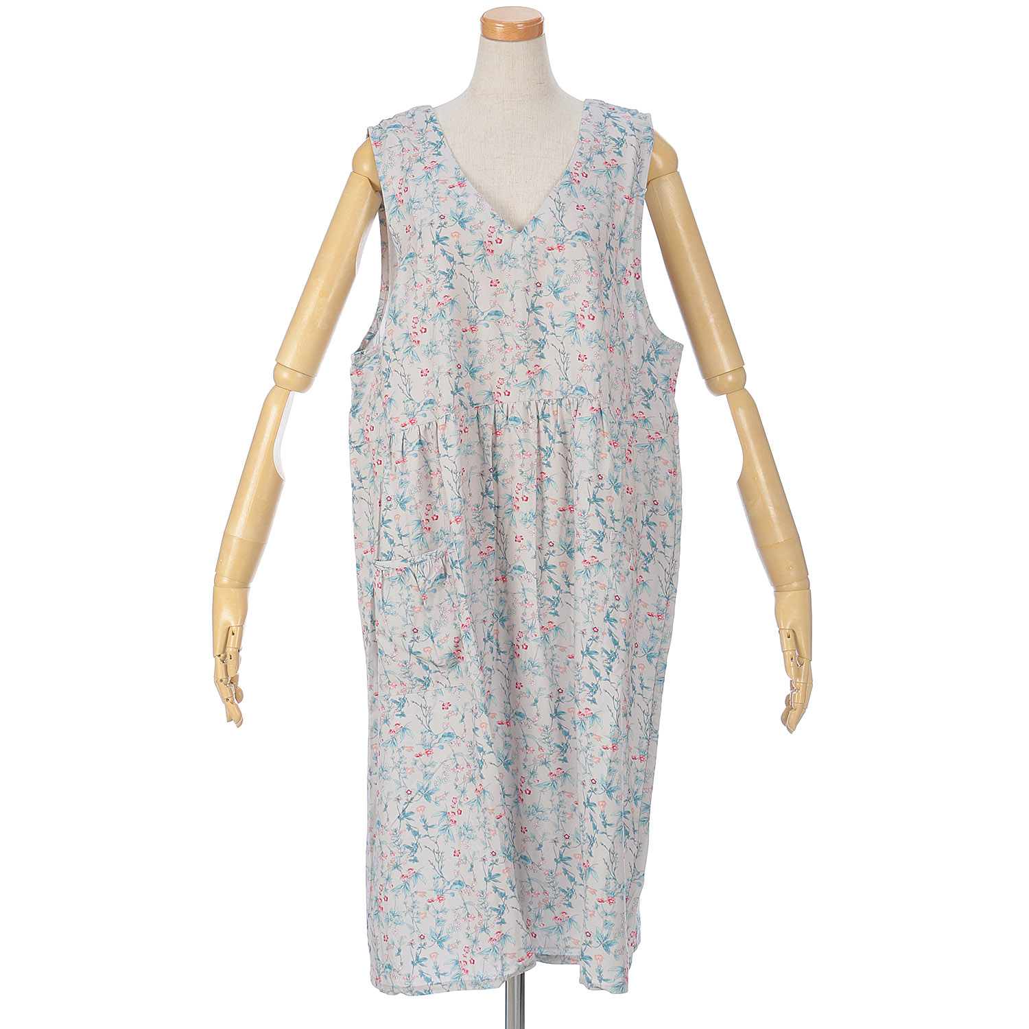 レーヨン花柄Vネックエプロンドレス - 画像1