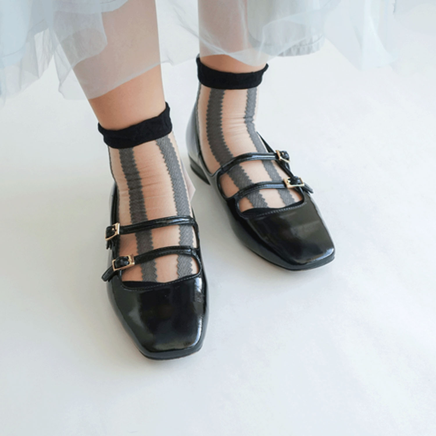 定番人気商品★シルク混 ストライプレース柄 シースルーソックス - 画像7