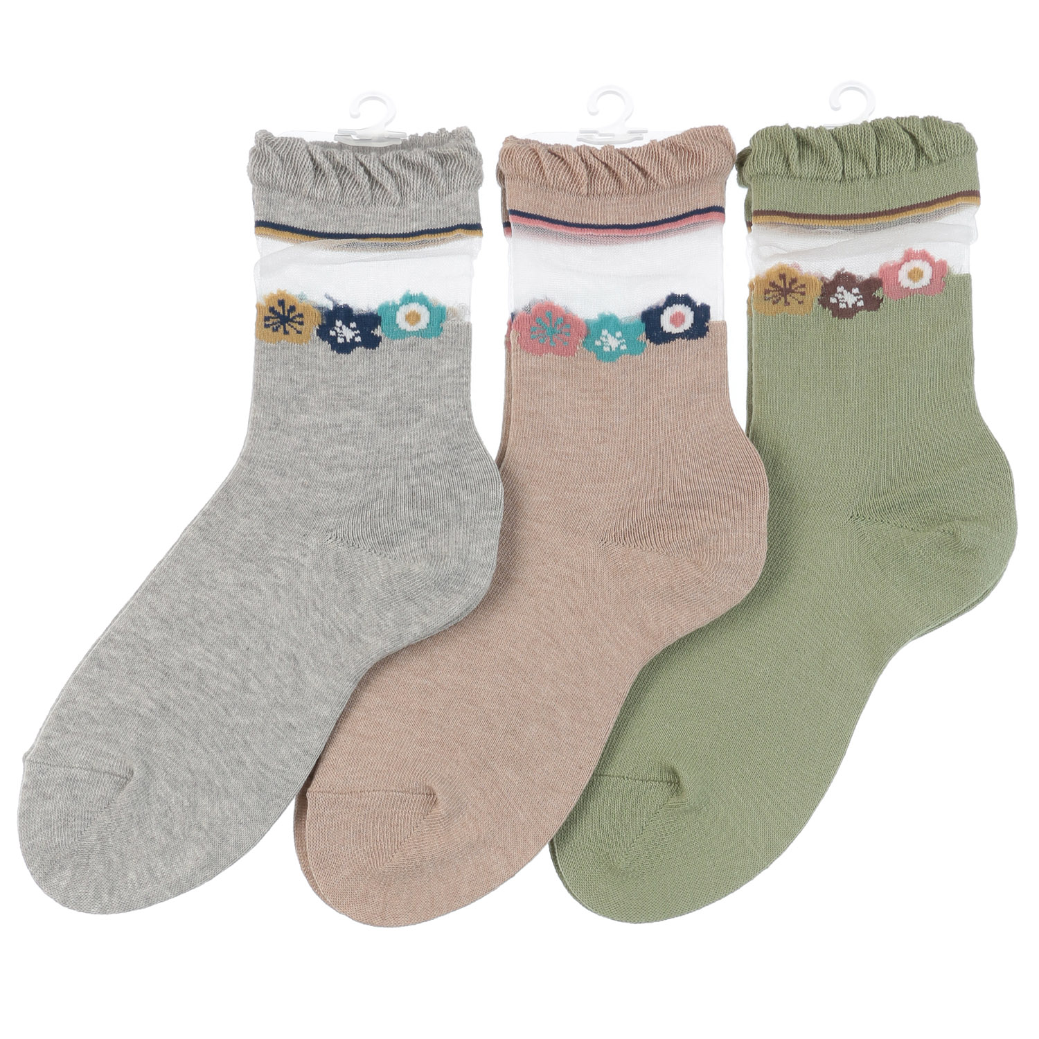 日本製 北欧調  ライン花柄 シースルーソックス