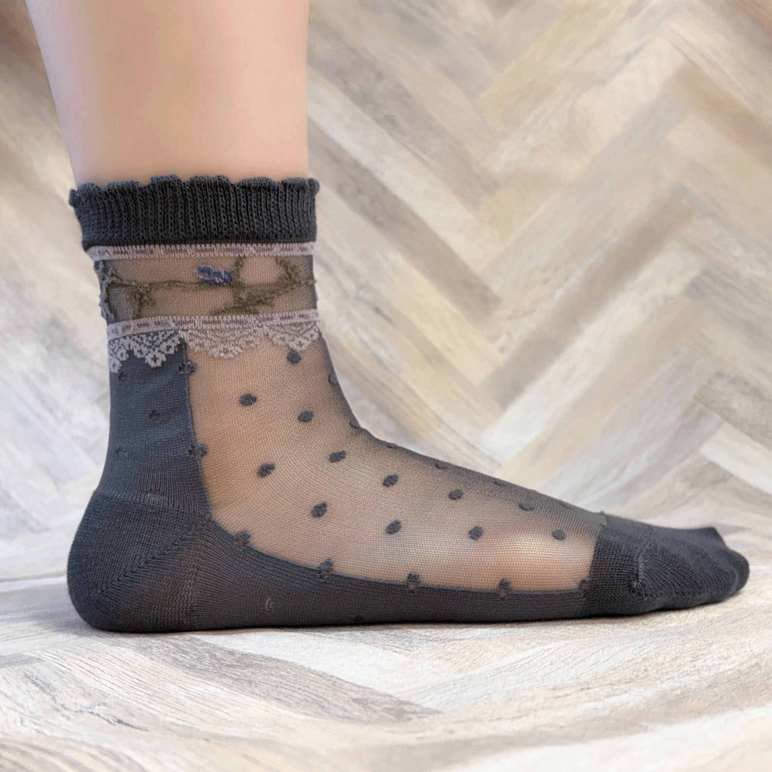 シースルーソックス 花レース水玉 - 画像2