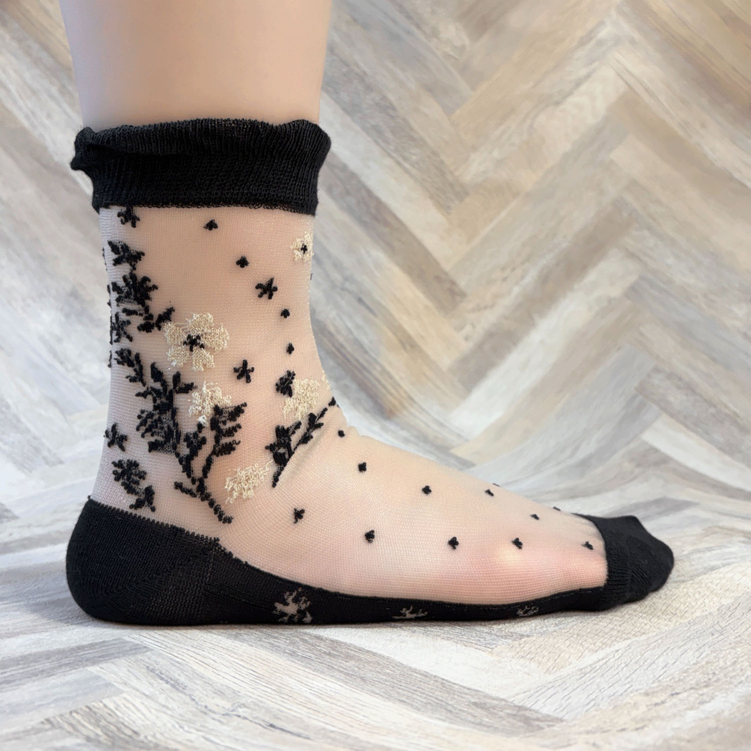 シースルーソックス ラメ花柄 - 画像2