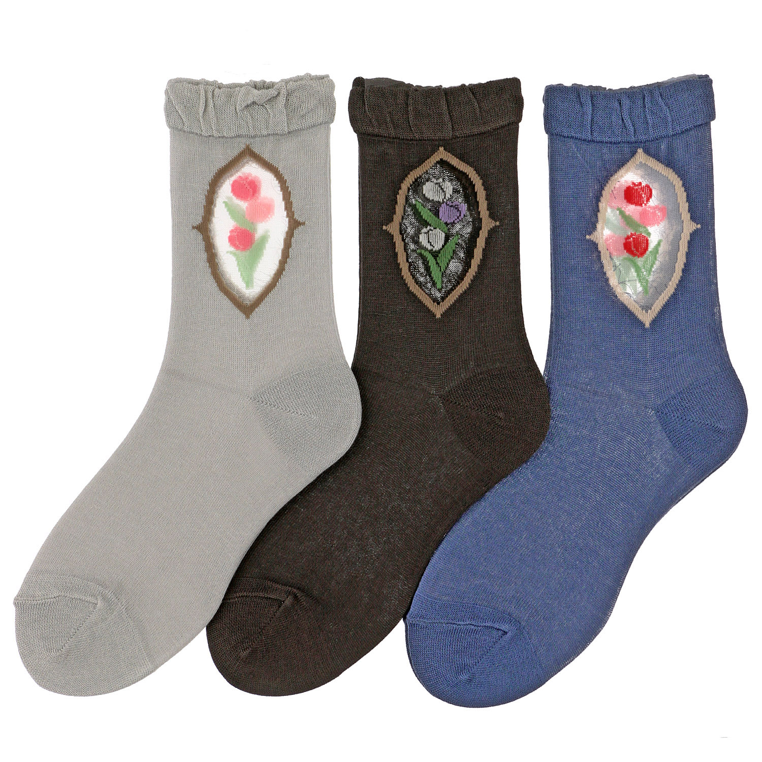 シースルーソックス 丈長  シルク混 くりぬき チューリップ柄 - 画像1