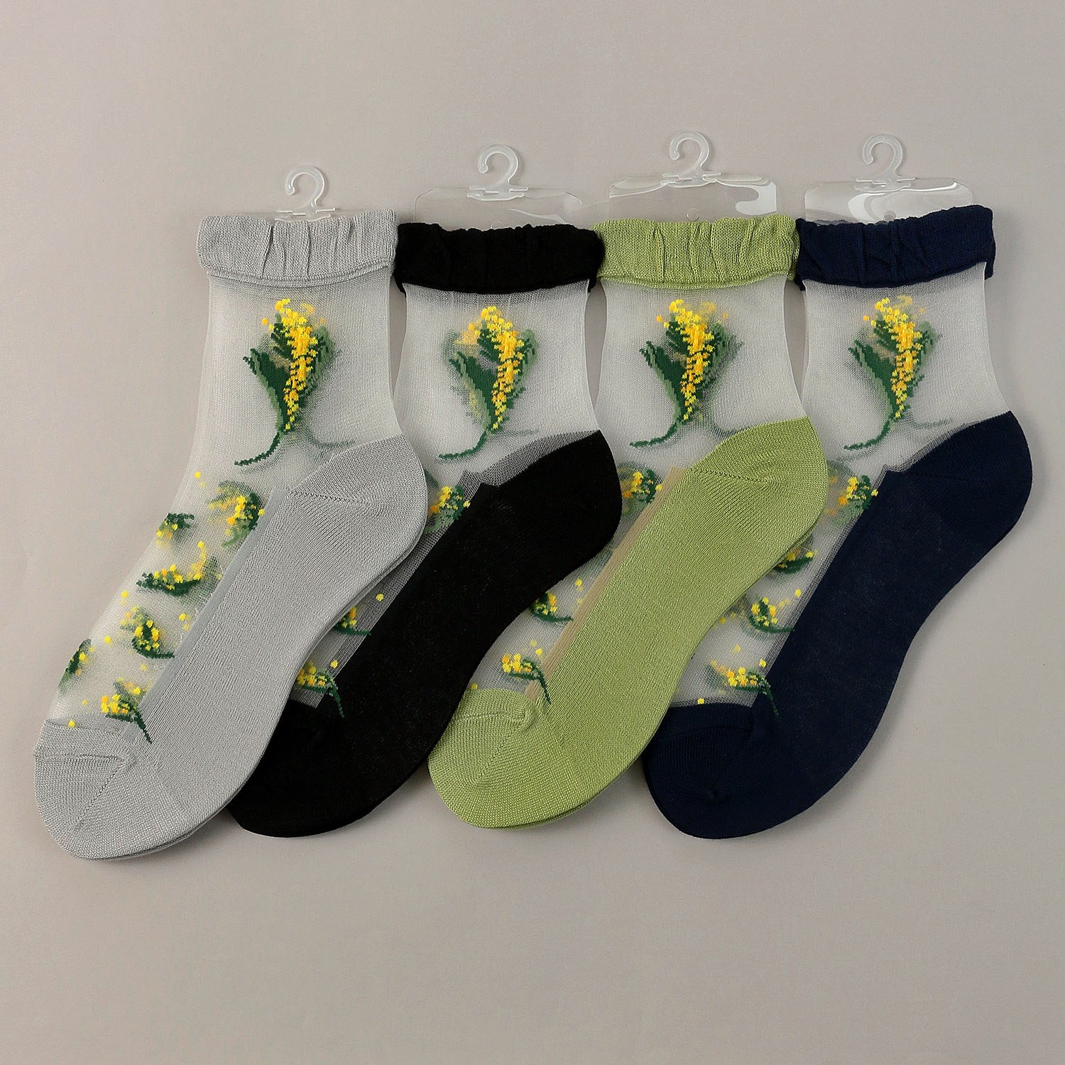シースルーソックス クルー丈 ミモザ柄