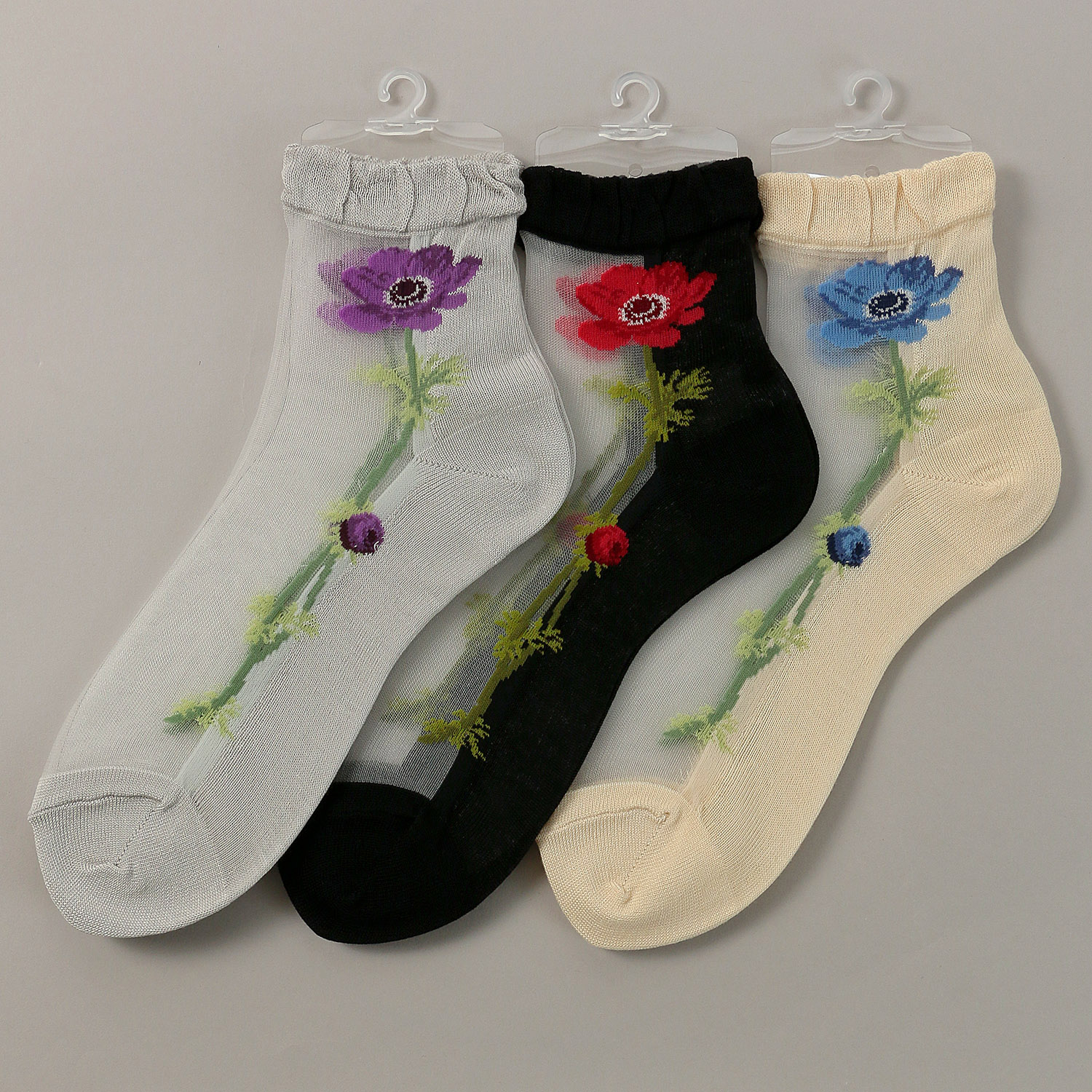 シースルーソックス クルー丈 大寸（24－26cm） アネモネ柄 靴下