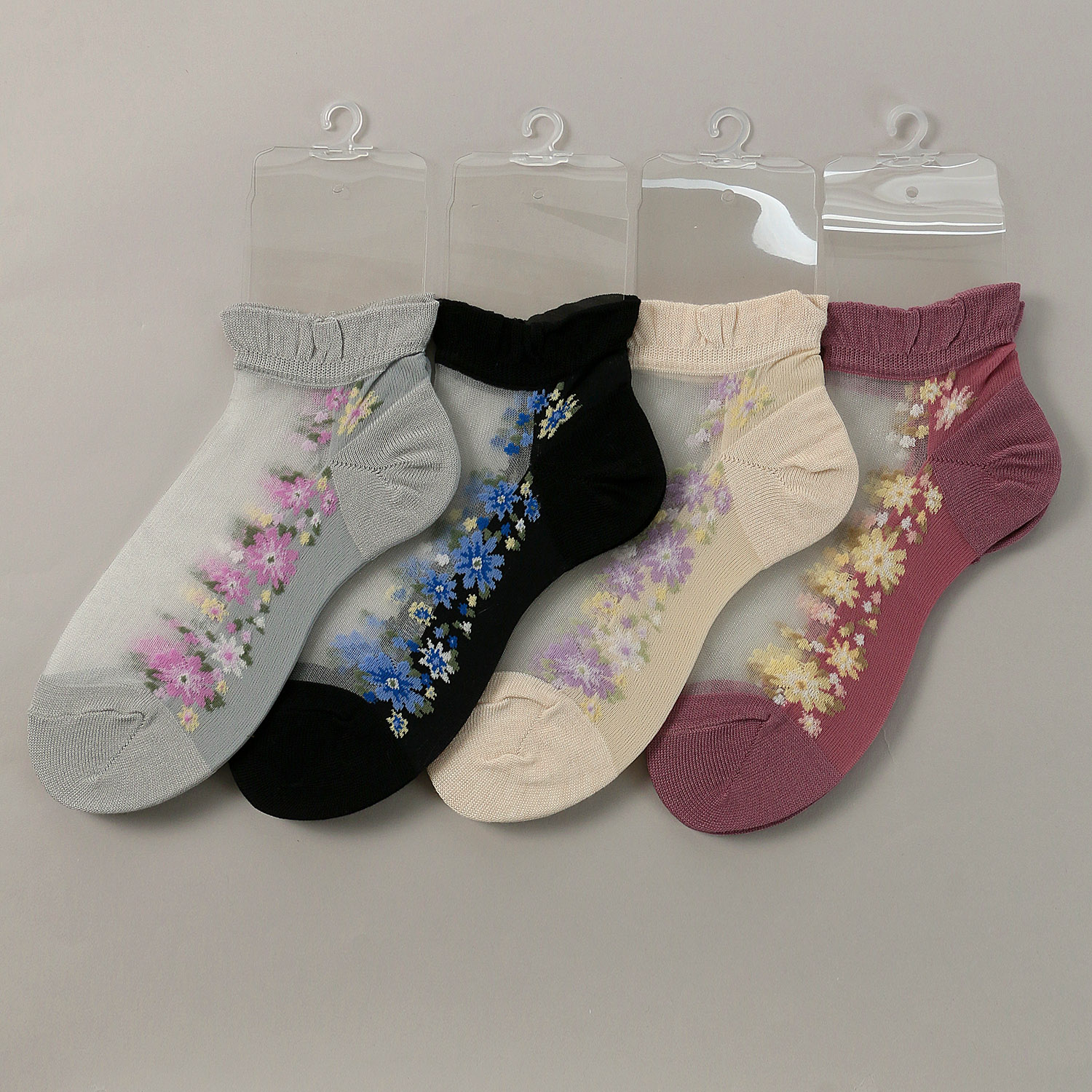 シースルーソックス ショート丈 ライン花柄 - 画像1