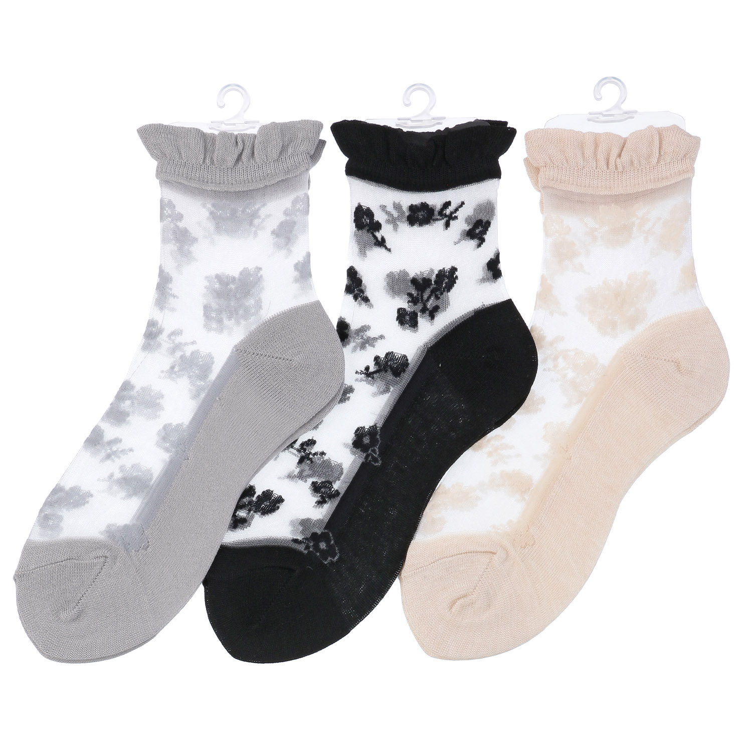 シースルーソックス クルー丈 モノトーン花柄