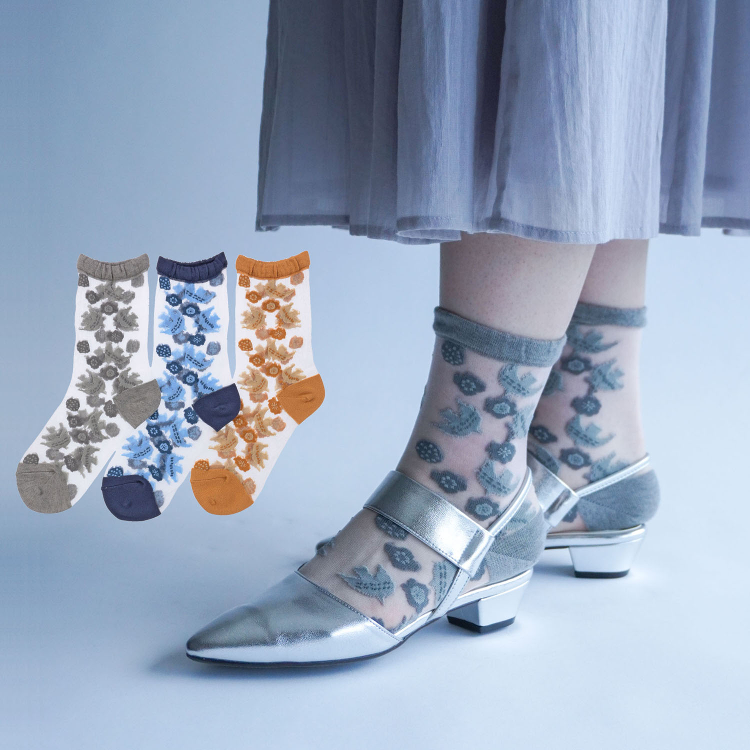 北欧調  鳥とお花総柄 シースルーソックス - 画像1