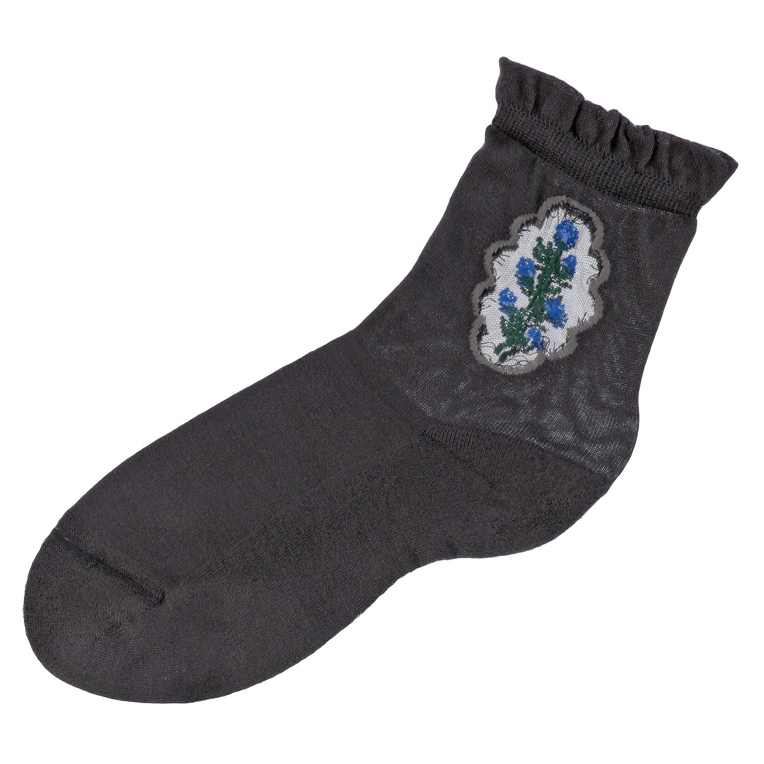 シースルーソックス クルー丈 シルク混  足底パイル くりぬきお花柄【在庫限り】