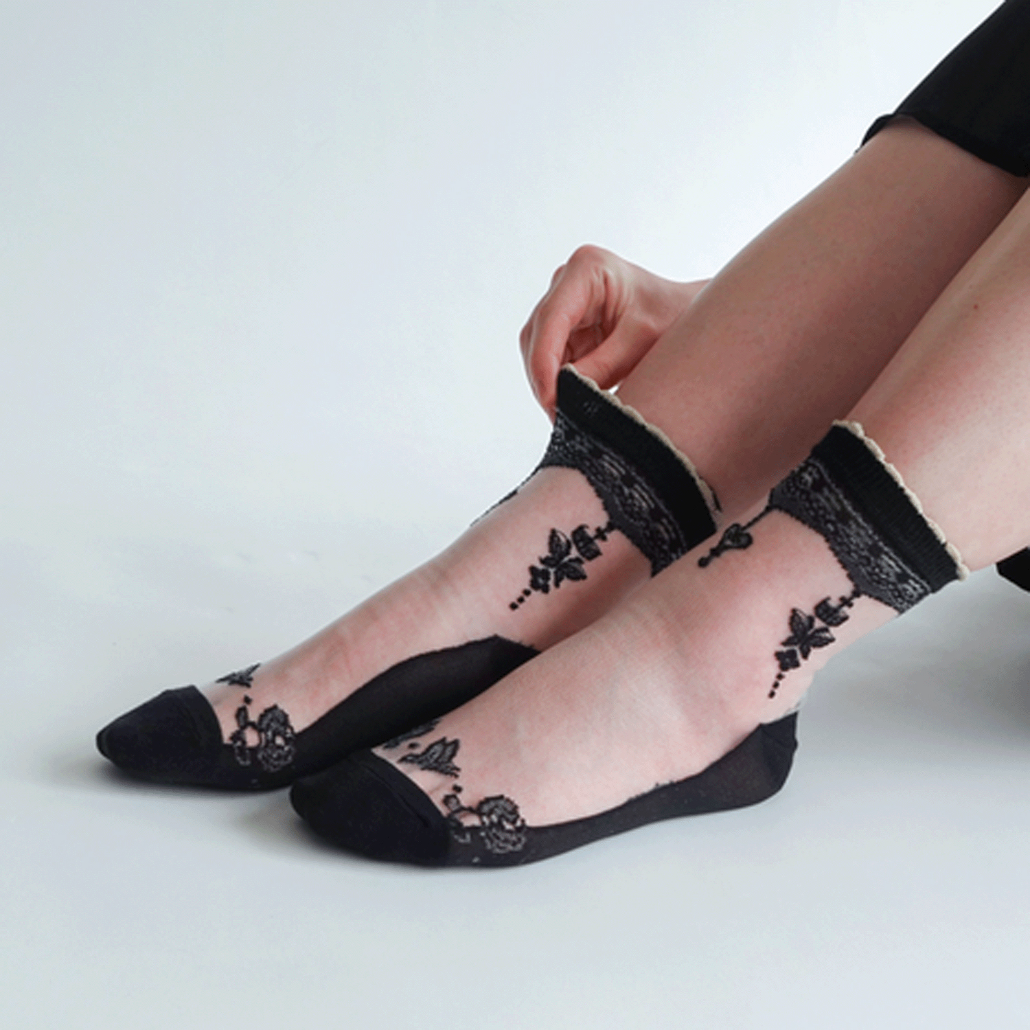≪大寸≫シースルーソックス 花・蝶柄 - 画像7