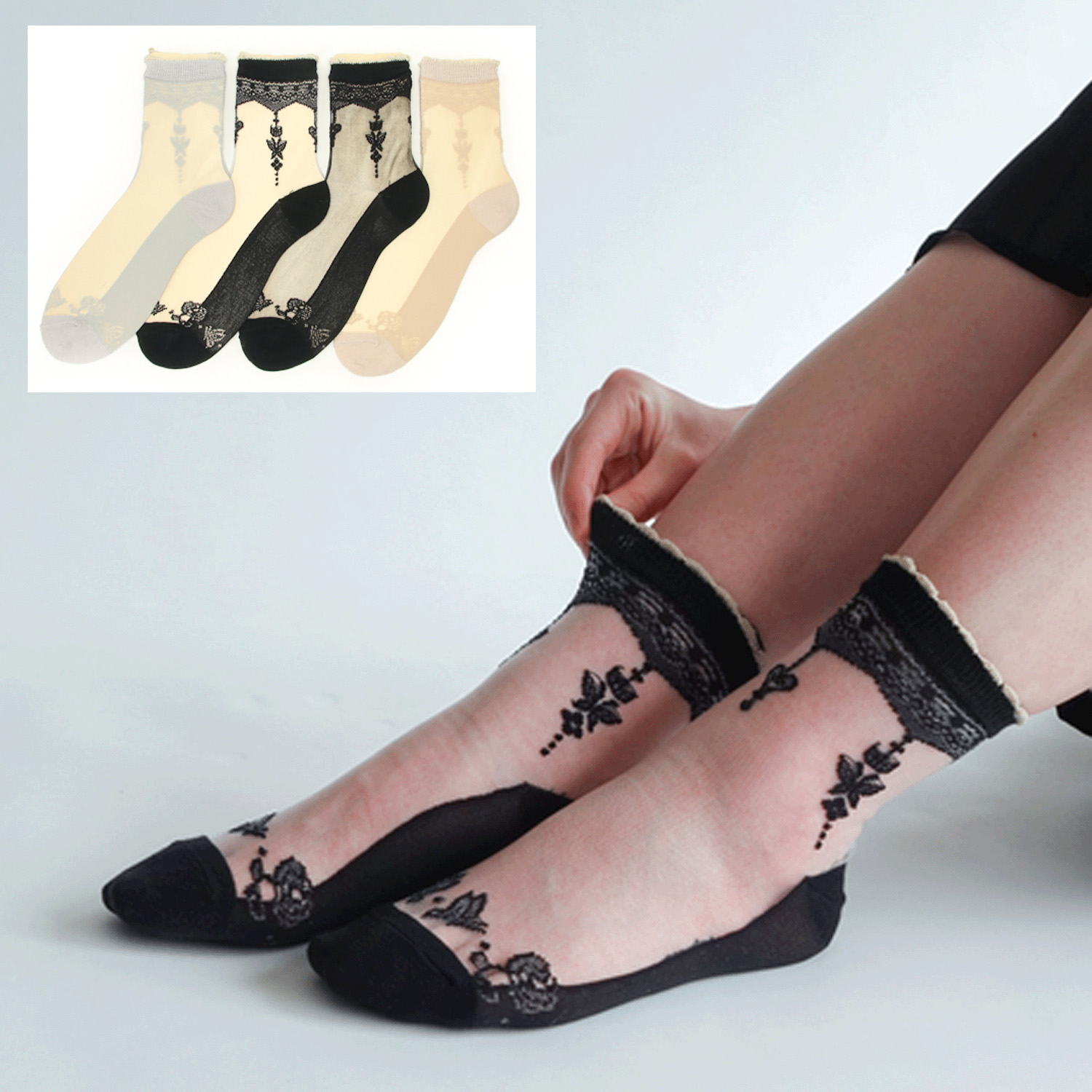 ≪大寸≫シースルーソックス 花・蝶柄