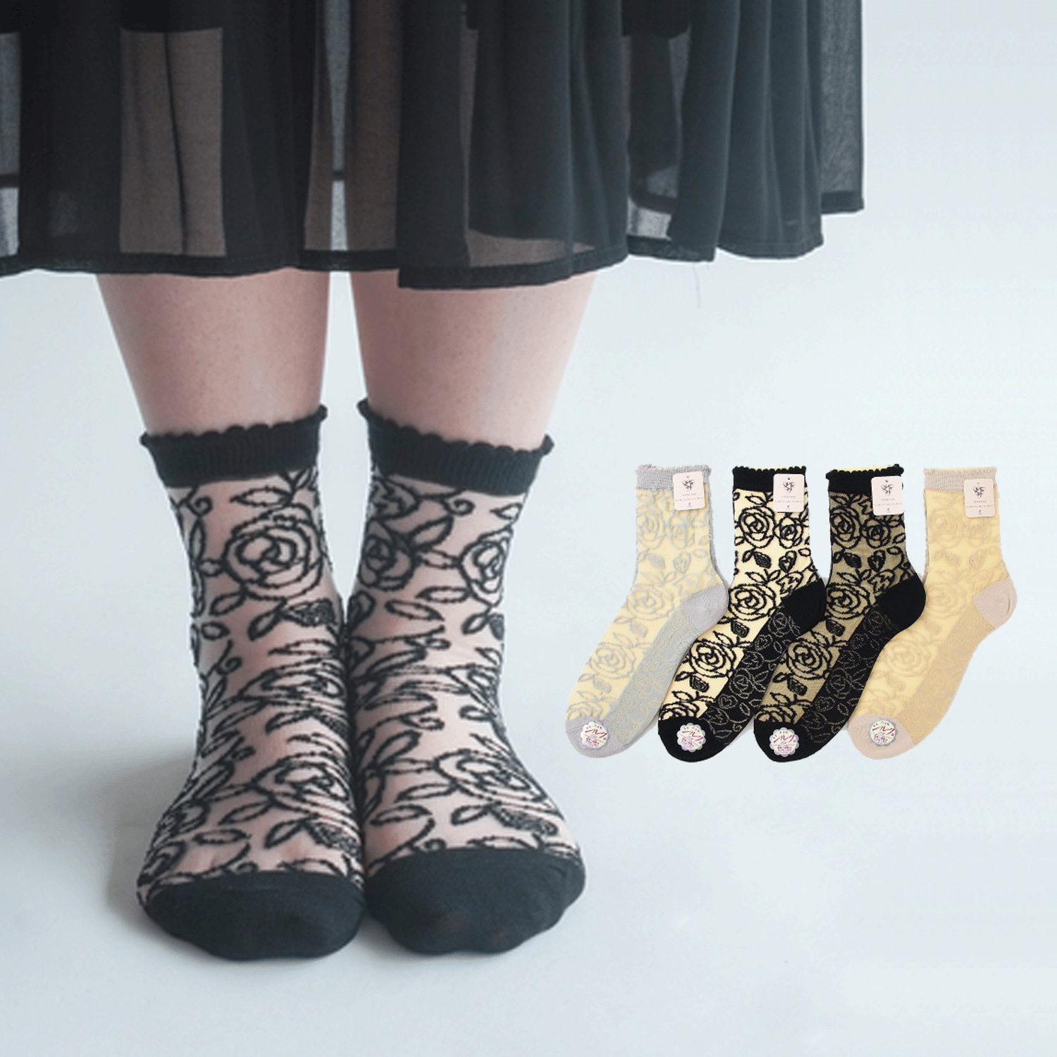 大人気★《大寸》シースルーソックス レース薔薇柄