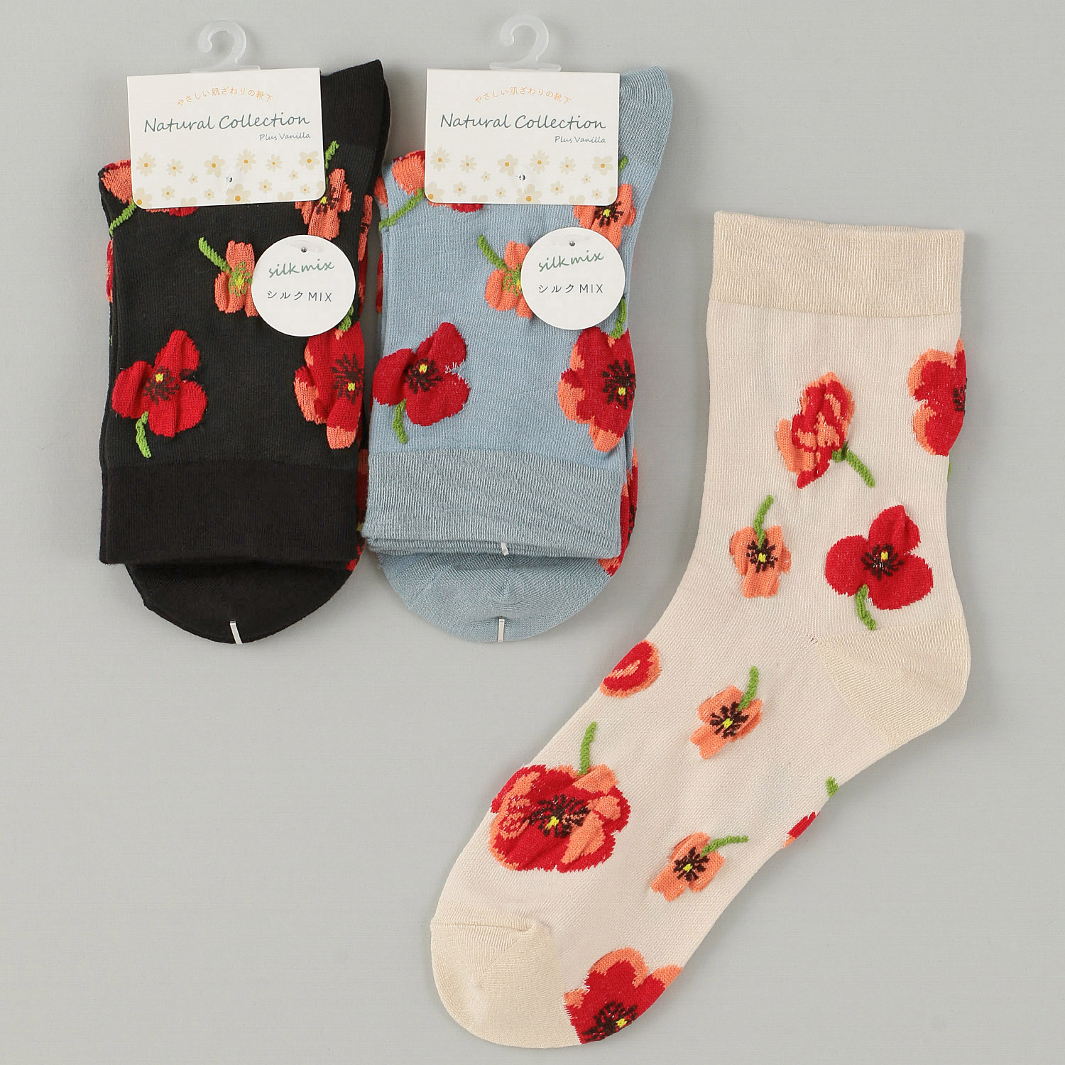 Natural Collection  クルー丈 シルクMIX ポピー柄  靴下 - 画像1