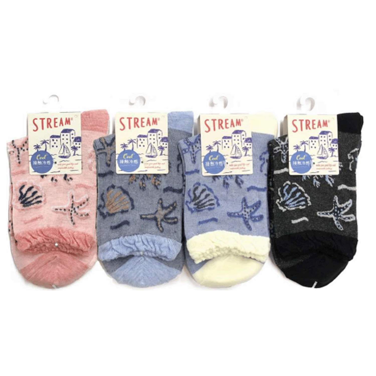 STREAM  接触冷感 貝とサンゴフロート ロークルー 靴下 - 画像1