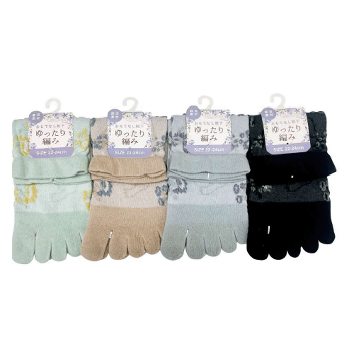 STREAM 5本指 ゆったり編み 麻混素材 花とトリ柄  クルー丈 靴下 - 画像1