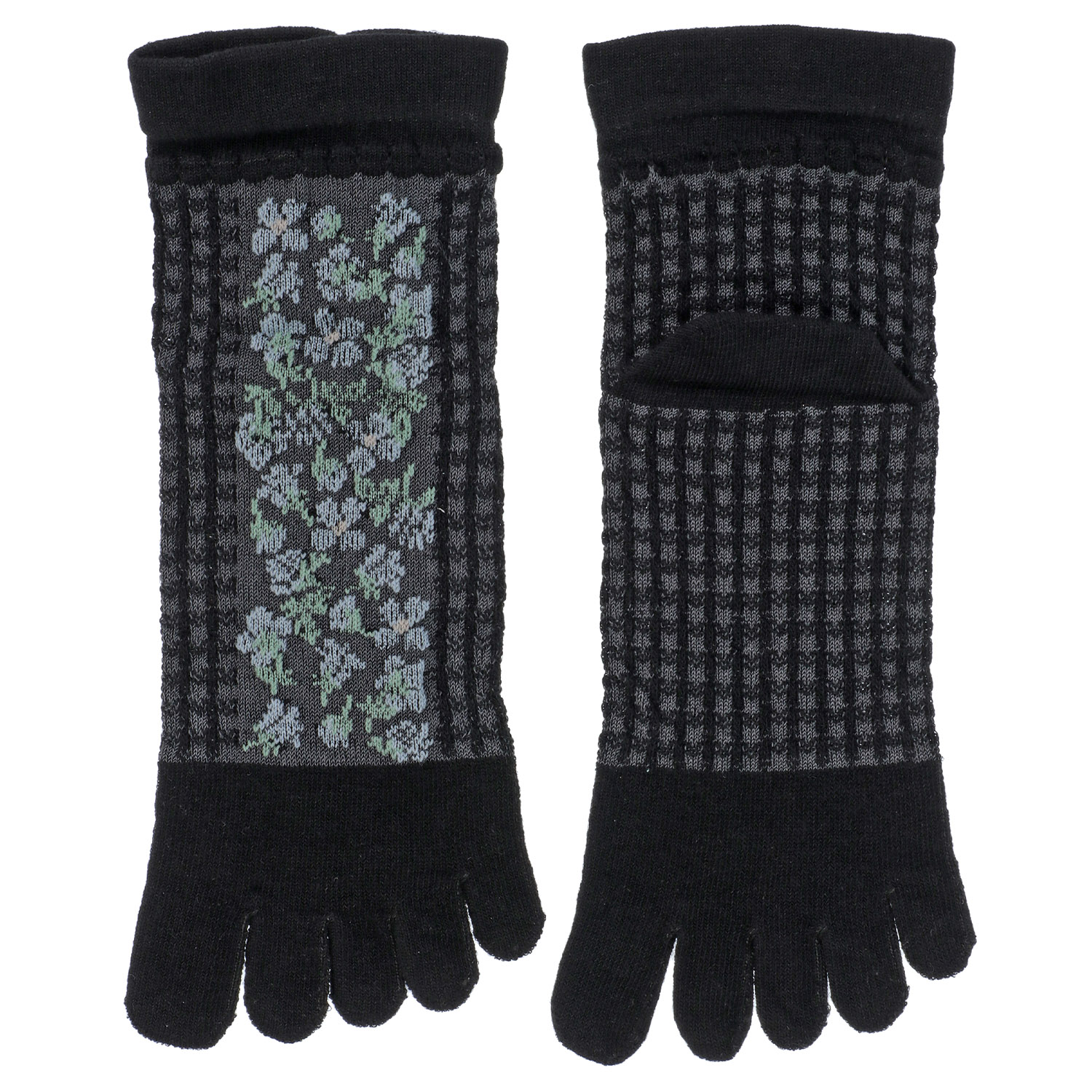 STREAM 5本指 ゆったり編み 麻混素材 チェック花柄 クルー丈 靴下 - 画像3