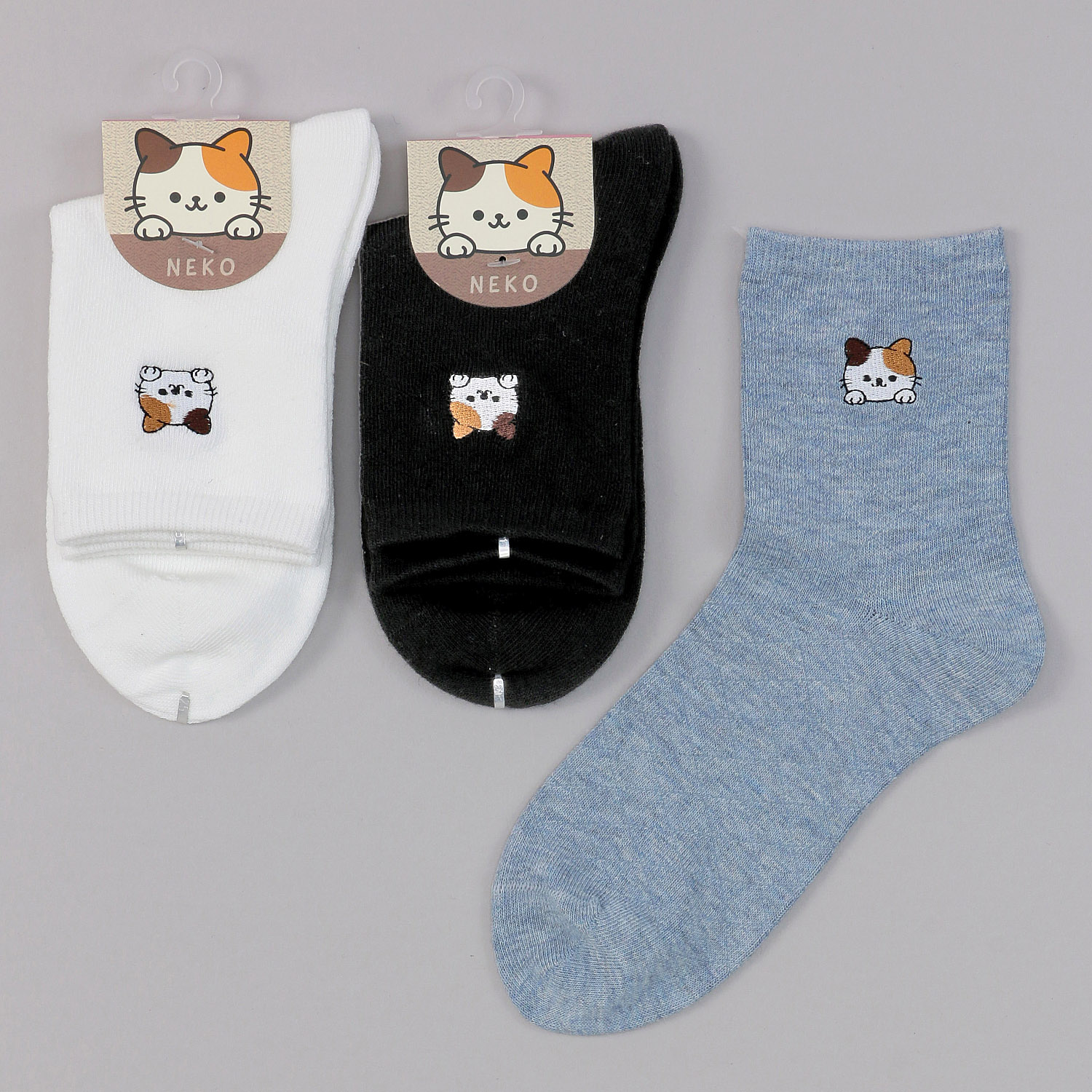 ロークルー丈 三毛猫刺繍ダイヤ柄 - 画像1