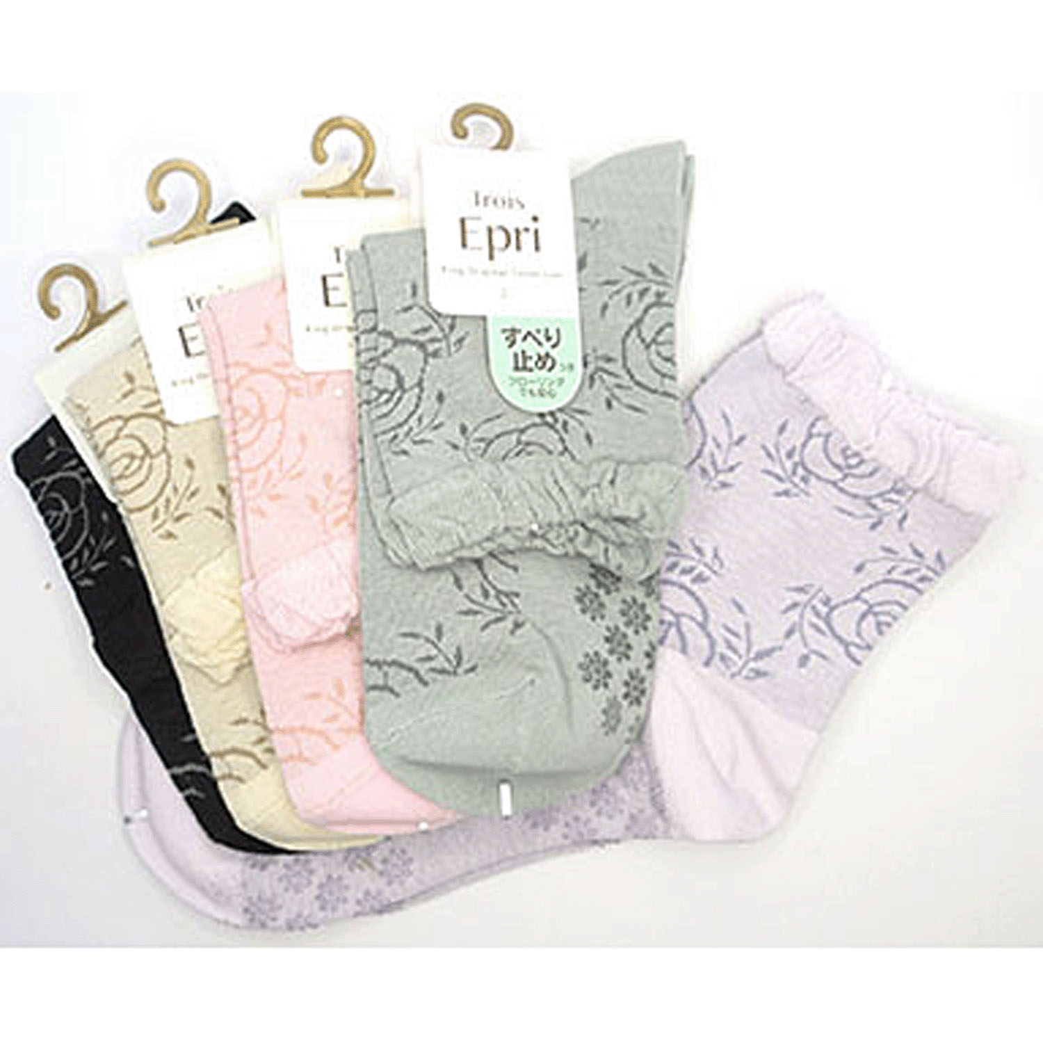 クルーソックス スパイラルライン薔薇柄 滑り止め付き - 画像1