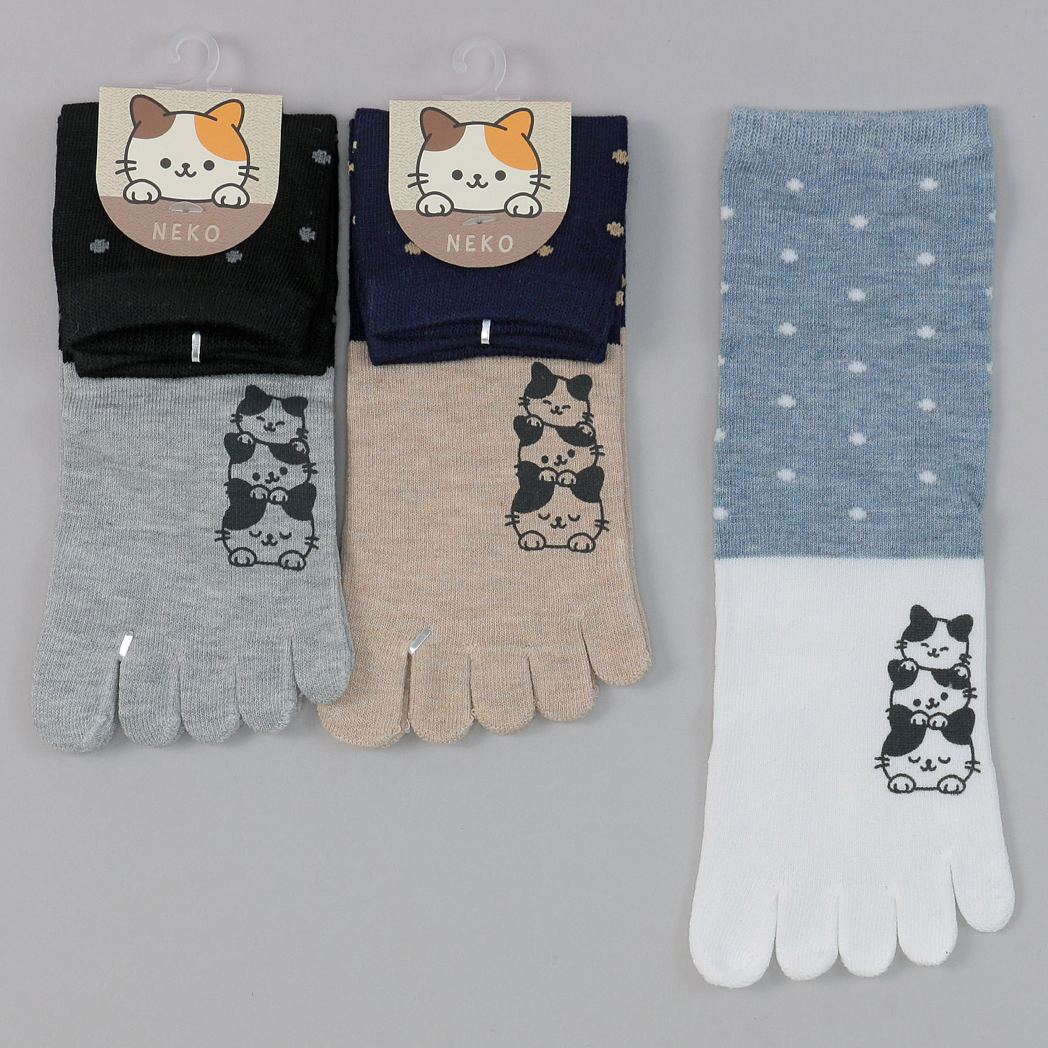 5本指  ロークルー丈 三毛猫顔料プリント ドット切替無地 - 画像1