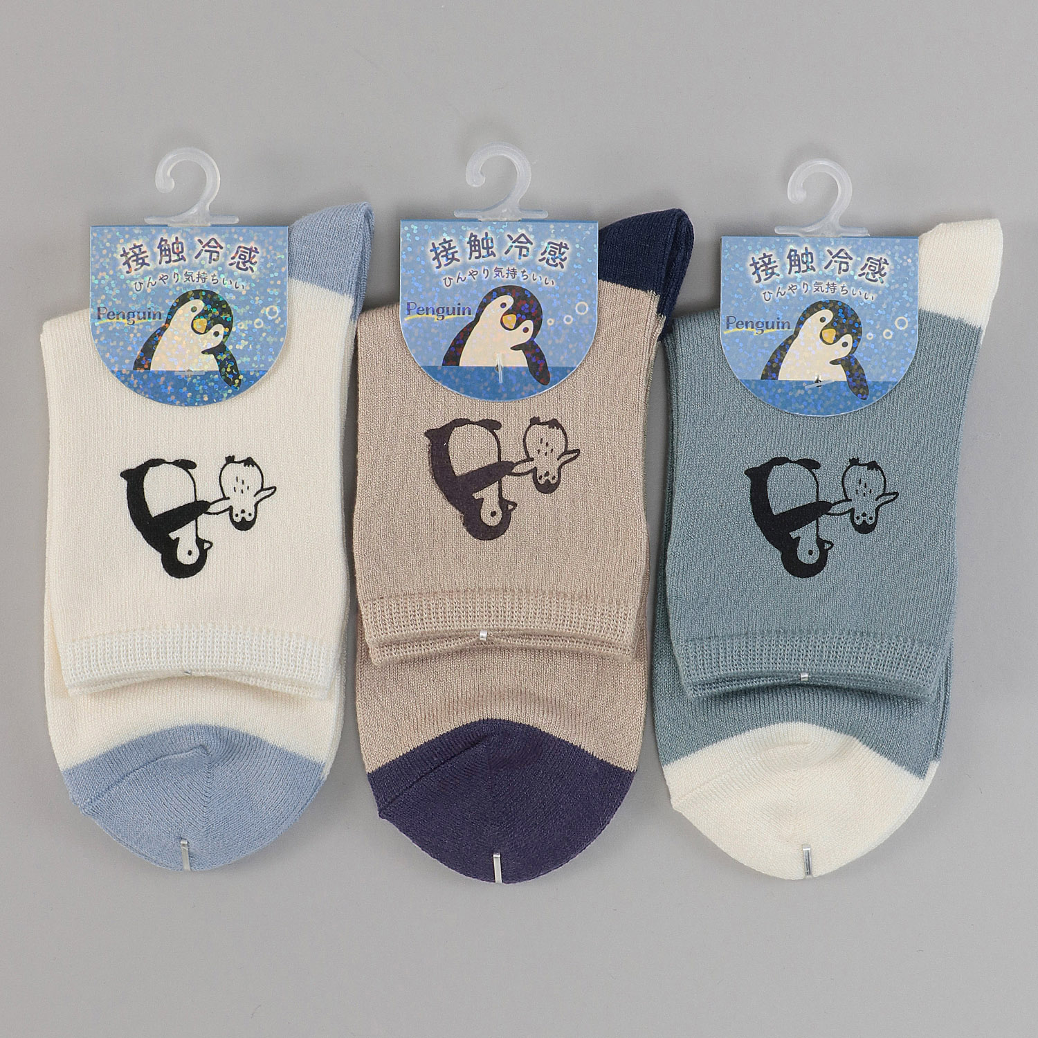 接触冷感 ロークルー丈 ペンギン顔料プリント 切替無地 - 画像1