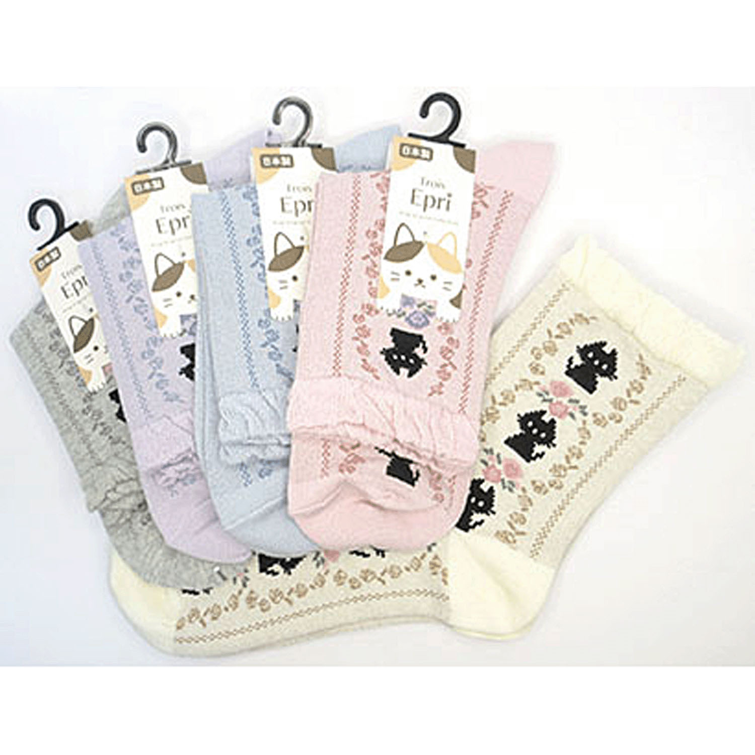 クルーソックス スパイラル縦ライン猫