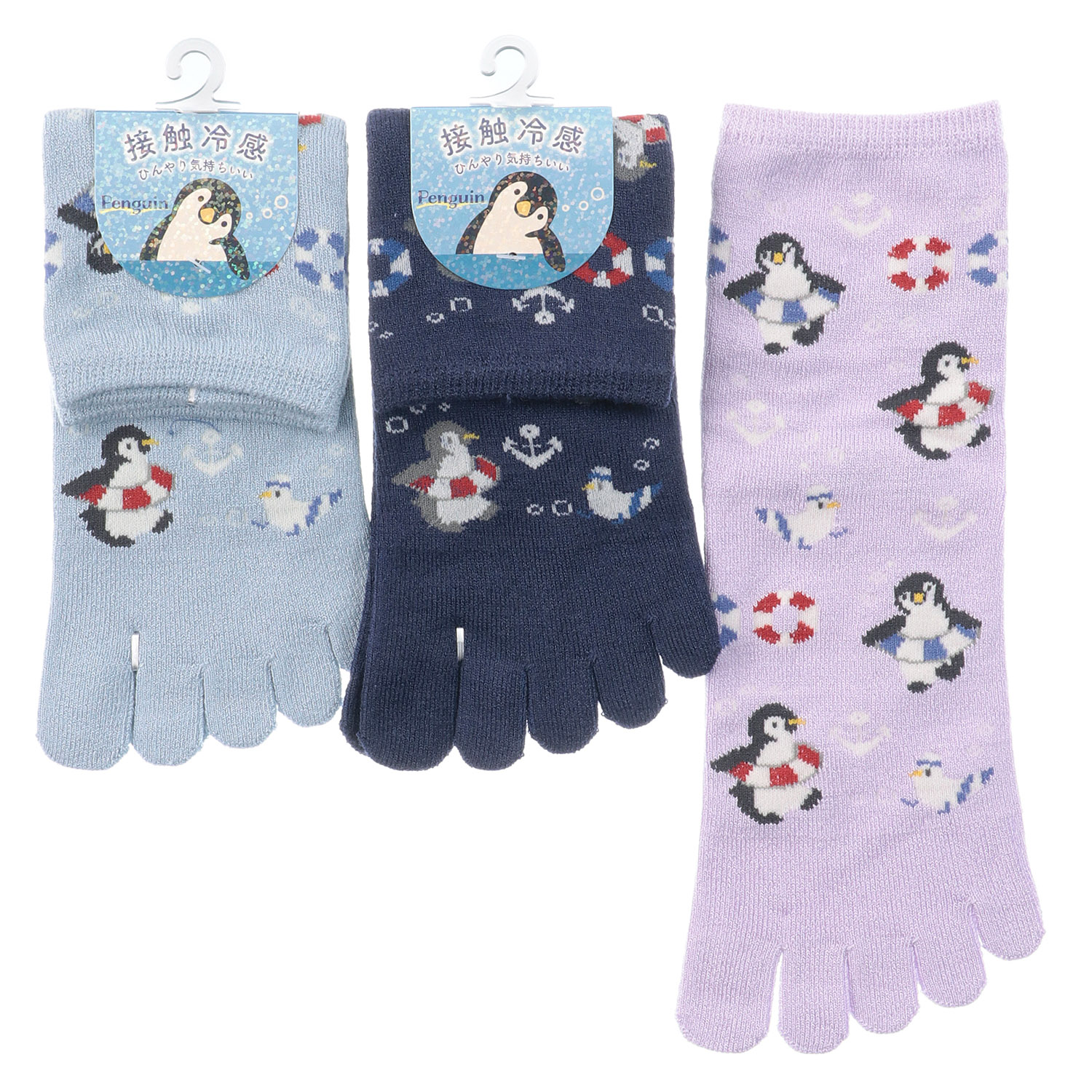 5本指 接触冷感 ロークルー丈 ペンギンと浮き輪総柄