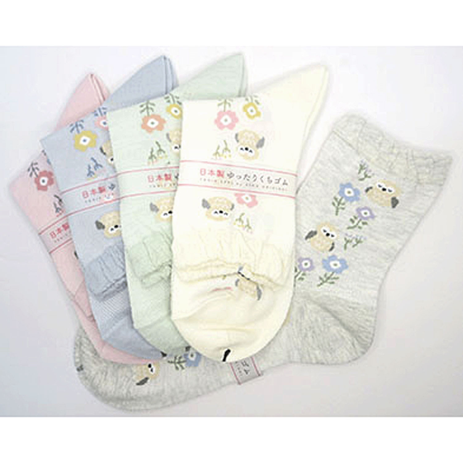 クルーソックス 総メッシュ フクロウと花 - 画像1