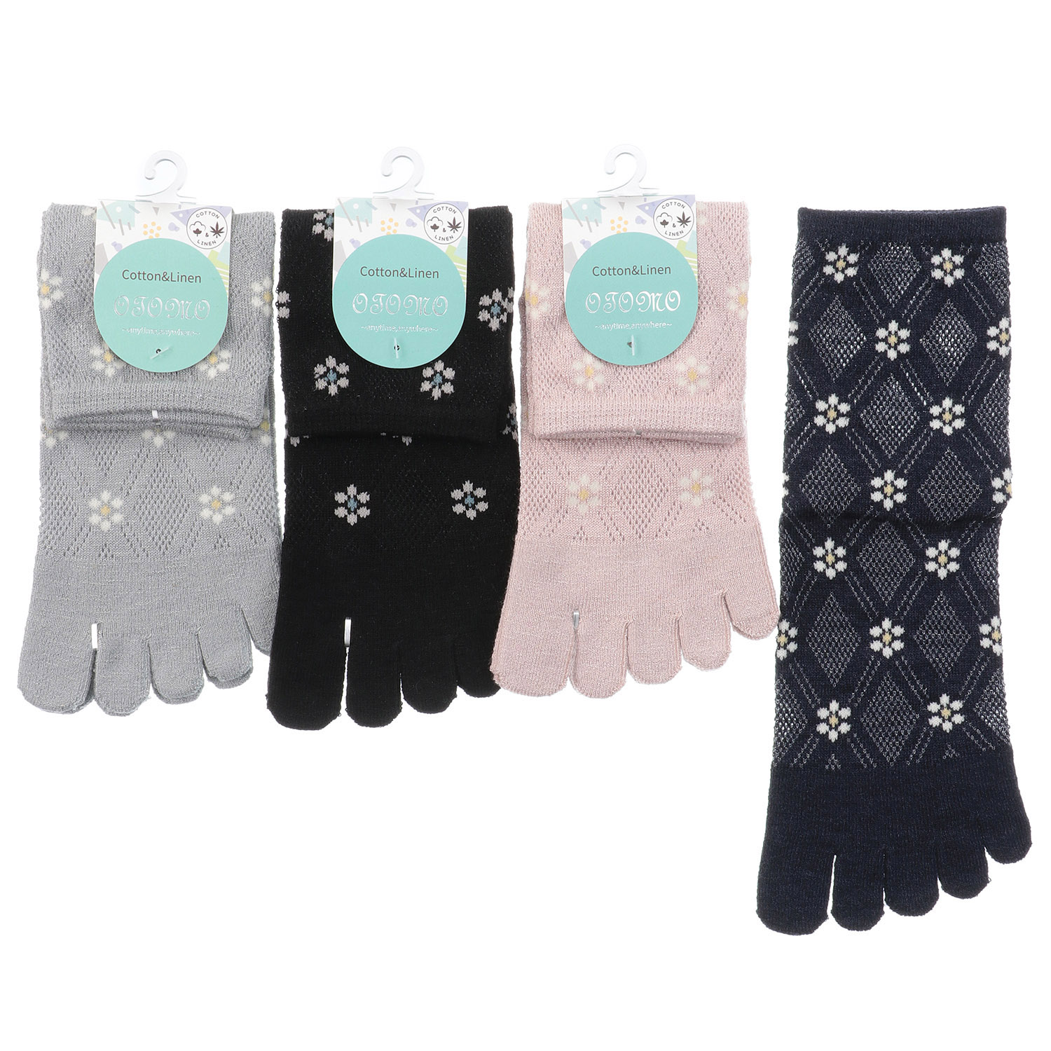 5本指 ロークルー丈 綿麻入り メッシュ小花ダイヤ - 画像1