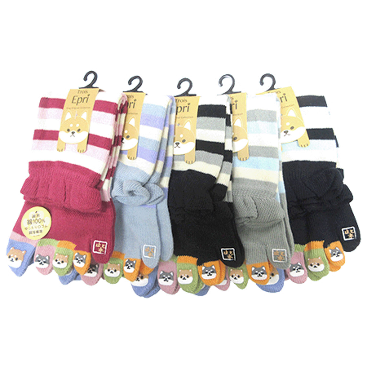 クルー丈 5本指 マルチボーダー＆指先柴犬プリント - 画像1