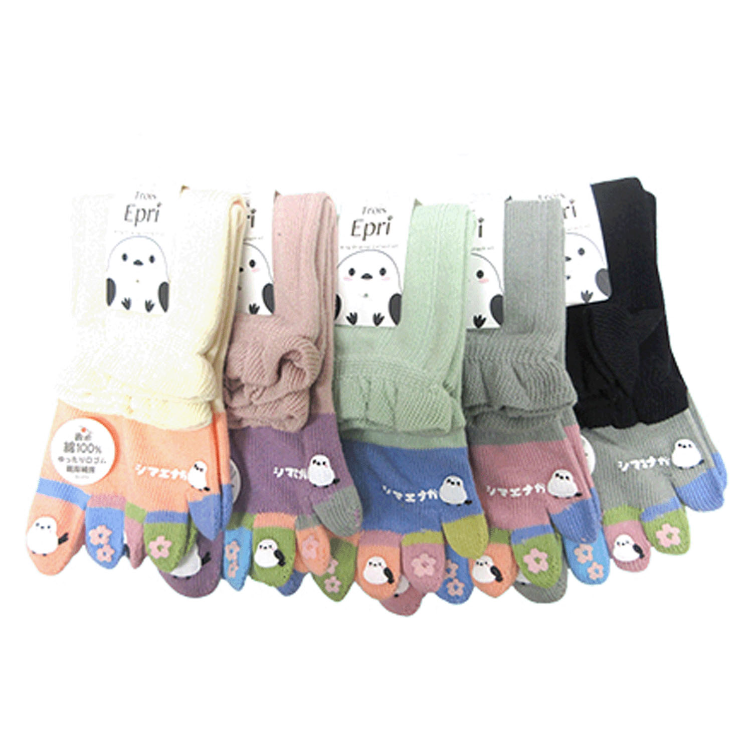 クルー丈 5本指 リブ入り 指先シマエナガプリント - 画像1