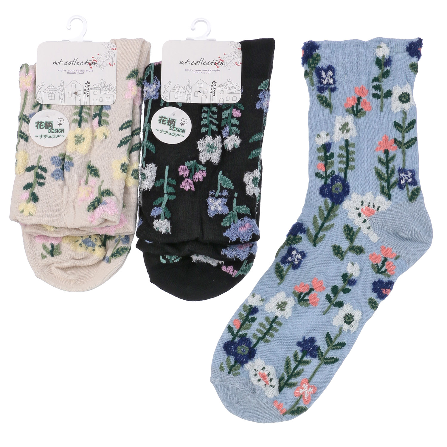 クルー丈丈 モール花柄 靴下 - 画像1