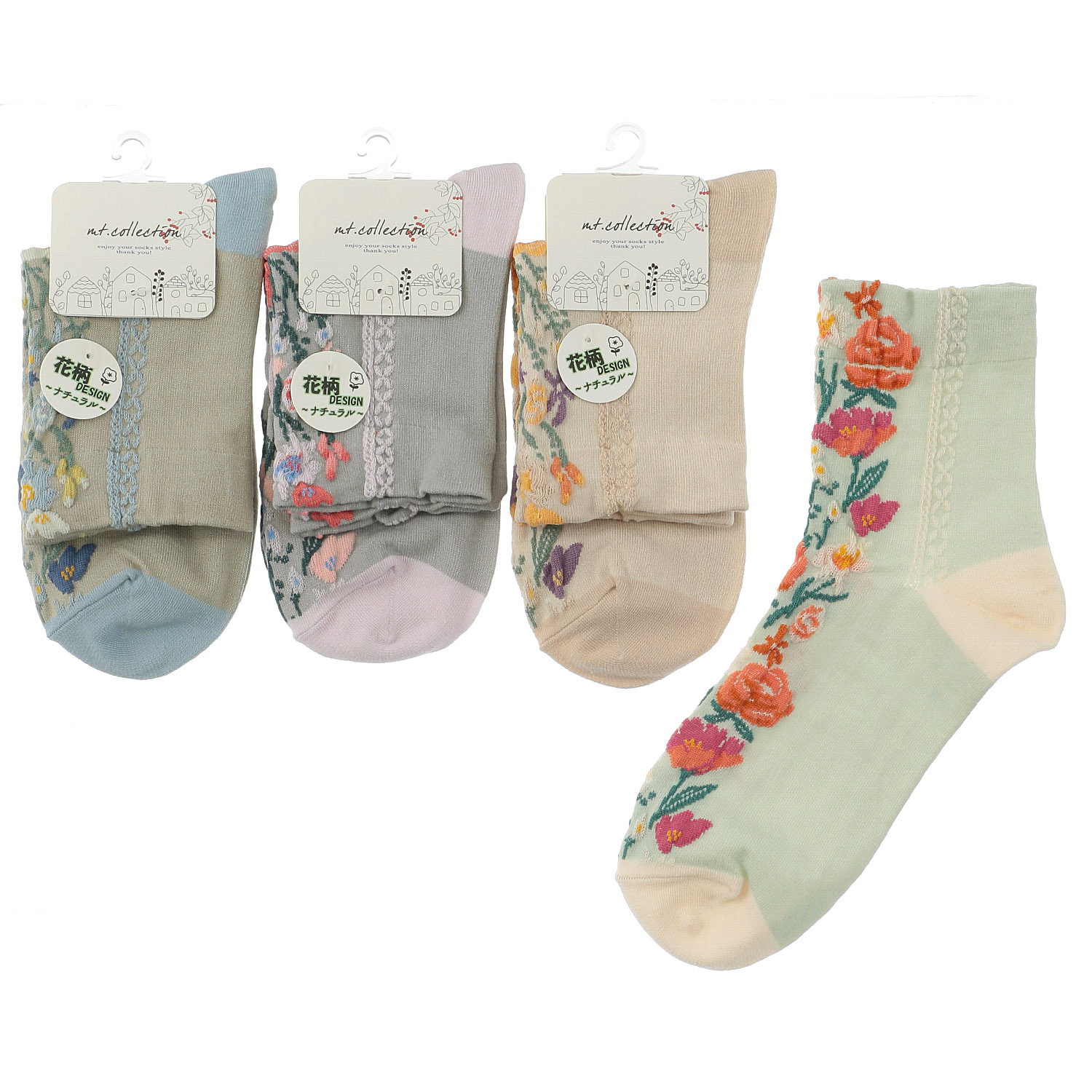 クルー丈 フロート縦花柄 靴下