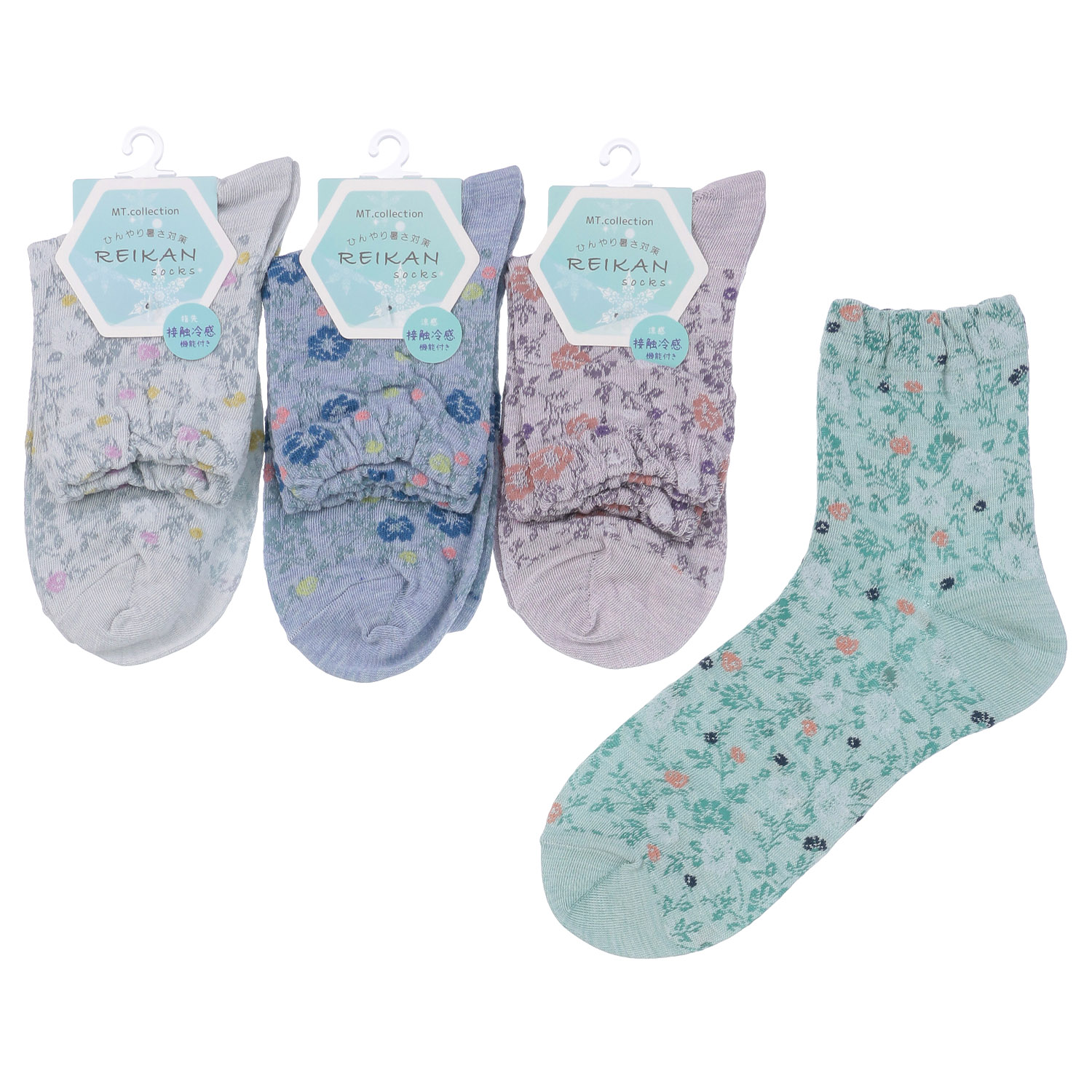 クルー丈 スパイラル小花  靴下 - 画像1