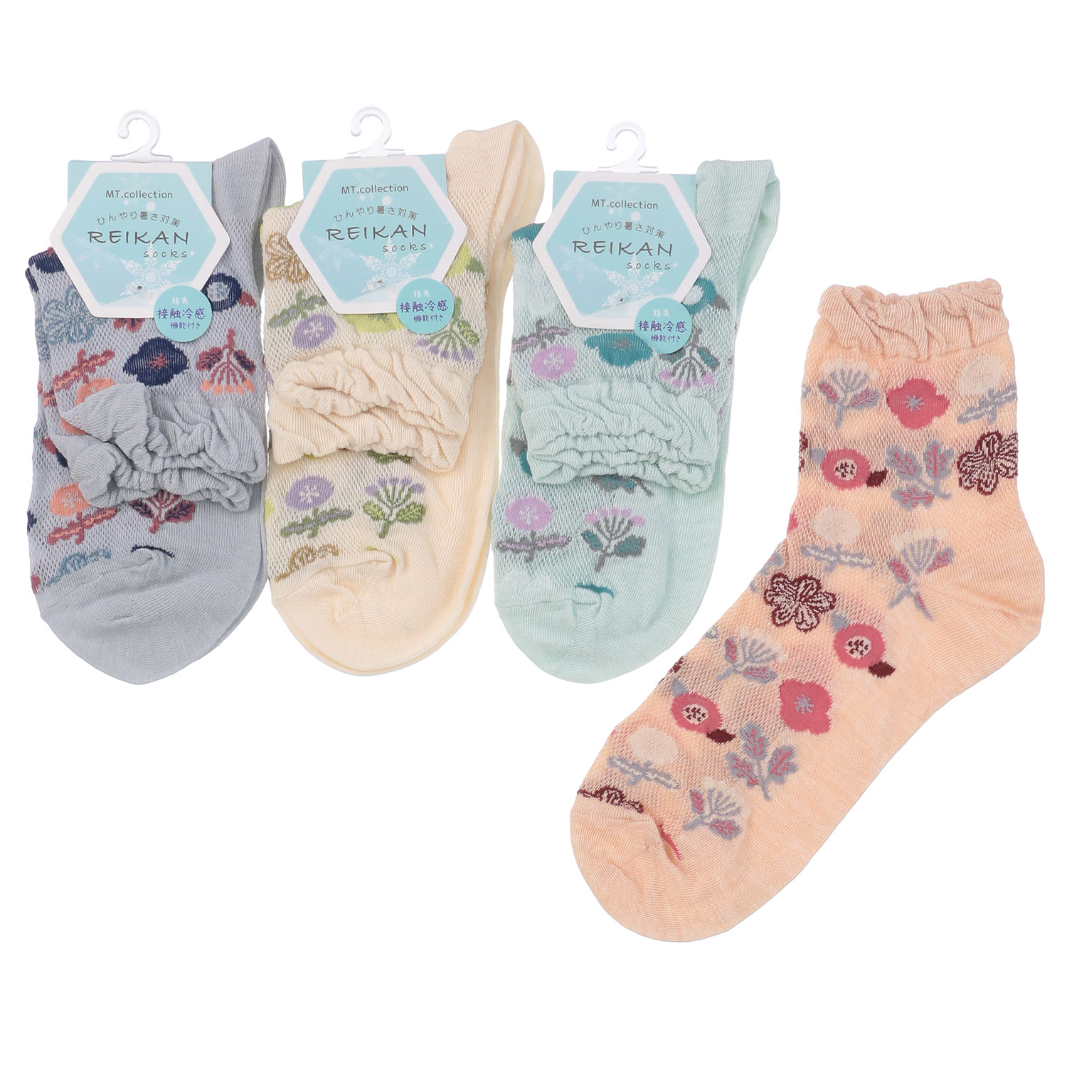 クルー丈 メッシュ   北欧風花柄 靴下 - 画像1