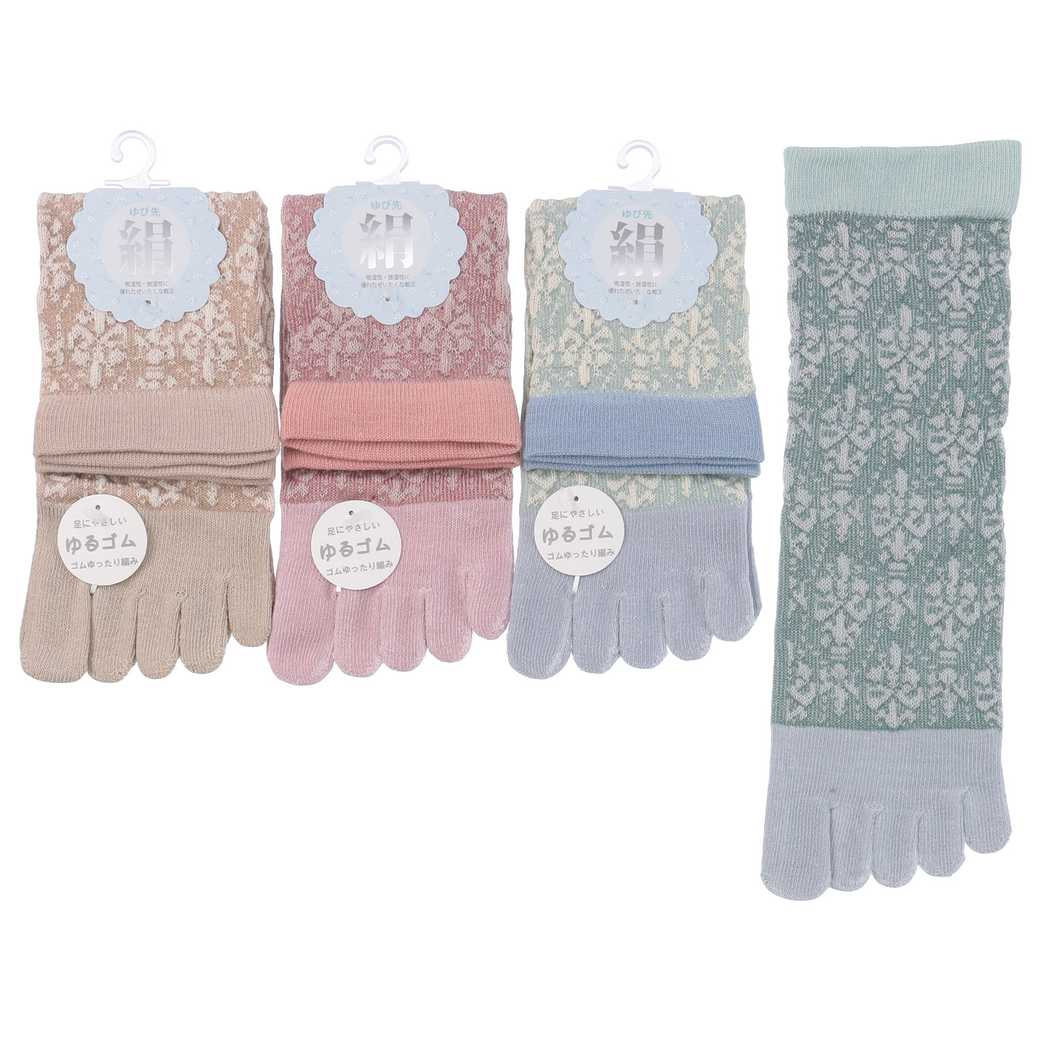 クルー丈 5本指  指先シルク 花柄 靴下 - 画像1