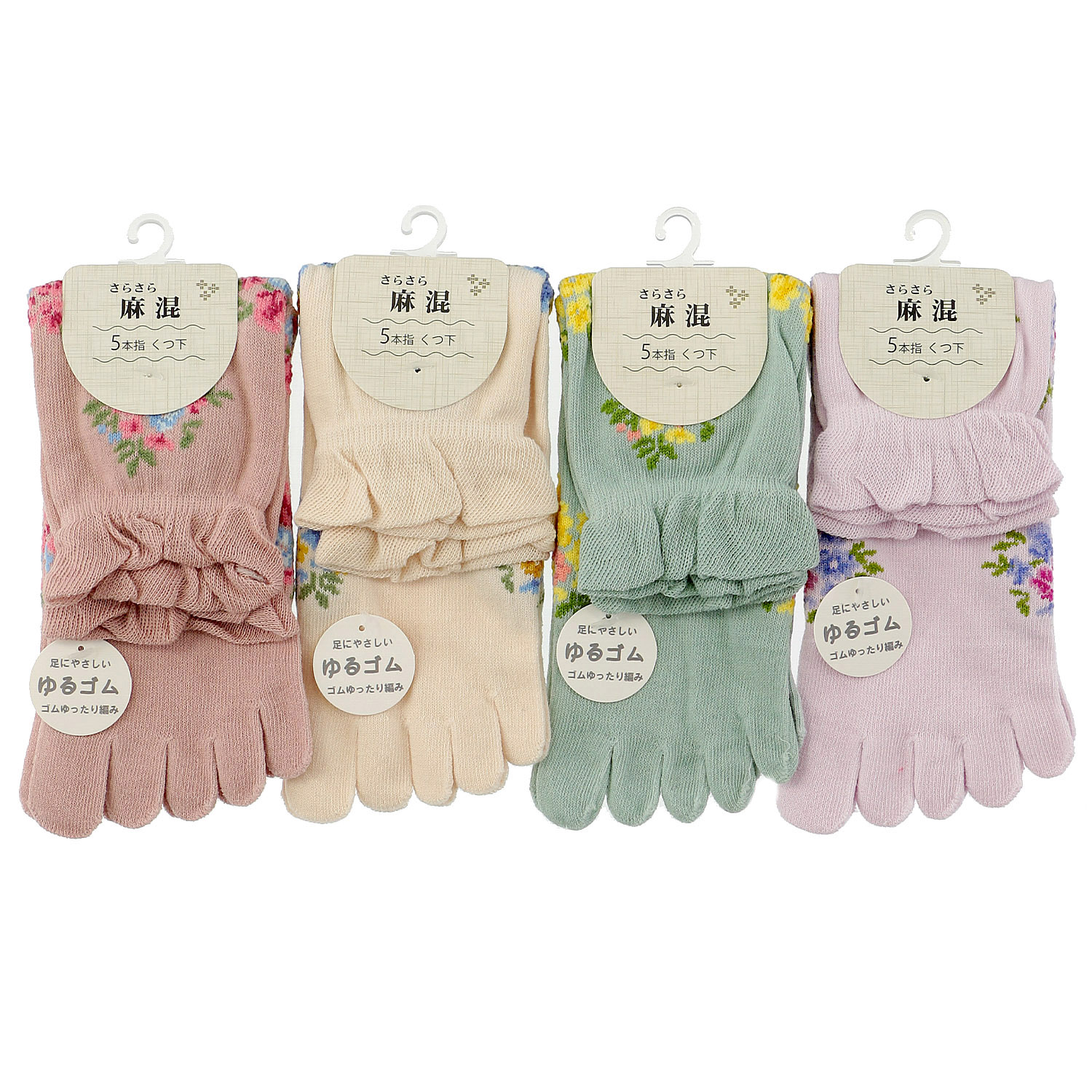 5本指  麻混 花柄 靴下 - 画像1