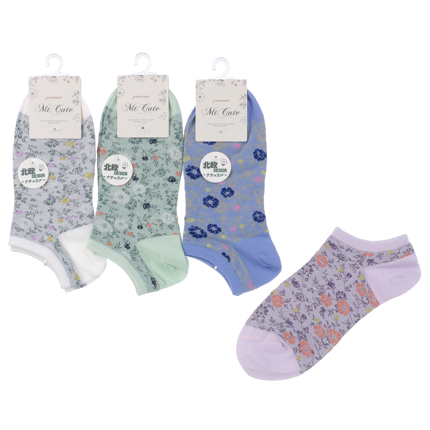 スニーカー丈 スパイラル小花柄 靴下 - 画像1